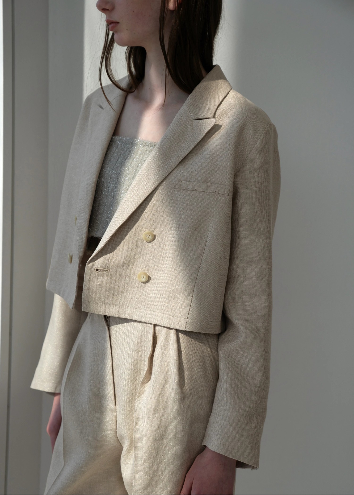 short lame linen twill peaked lapel JK