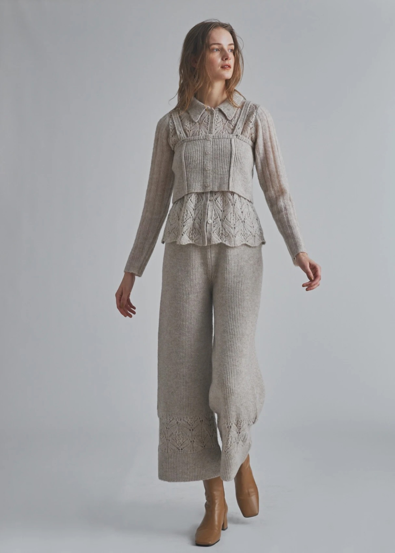 switching hem sheer crochet knit PT