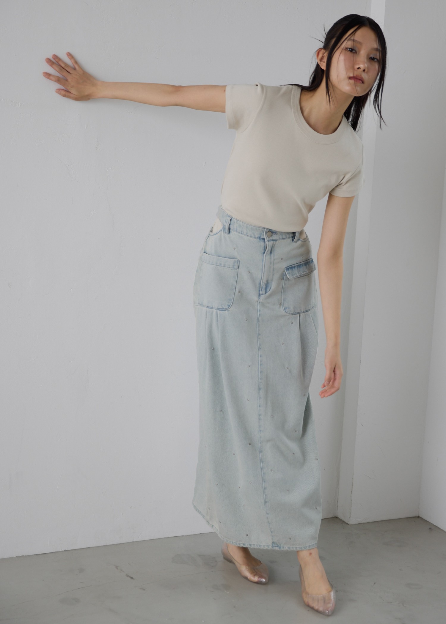 hollow out bijou tuck denim tight SK