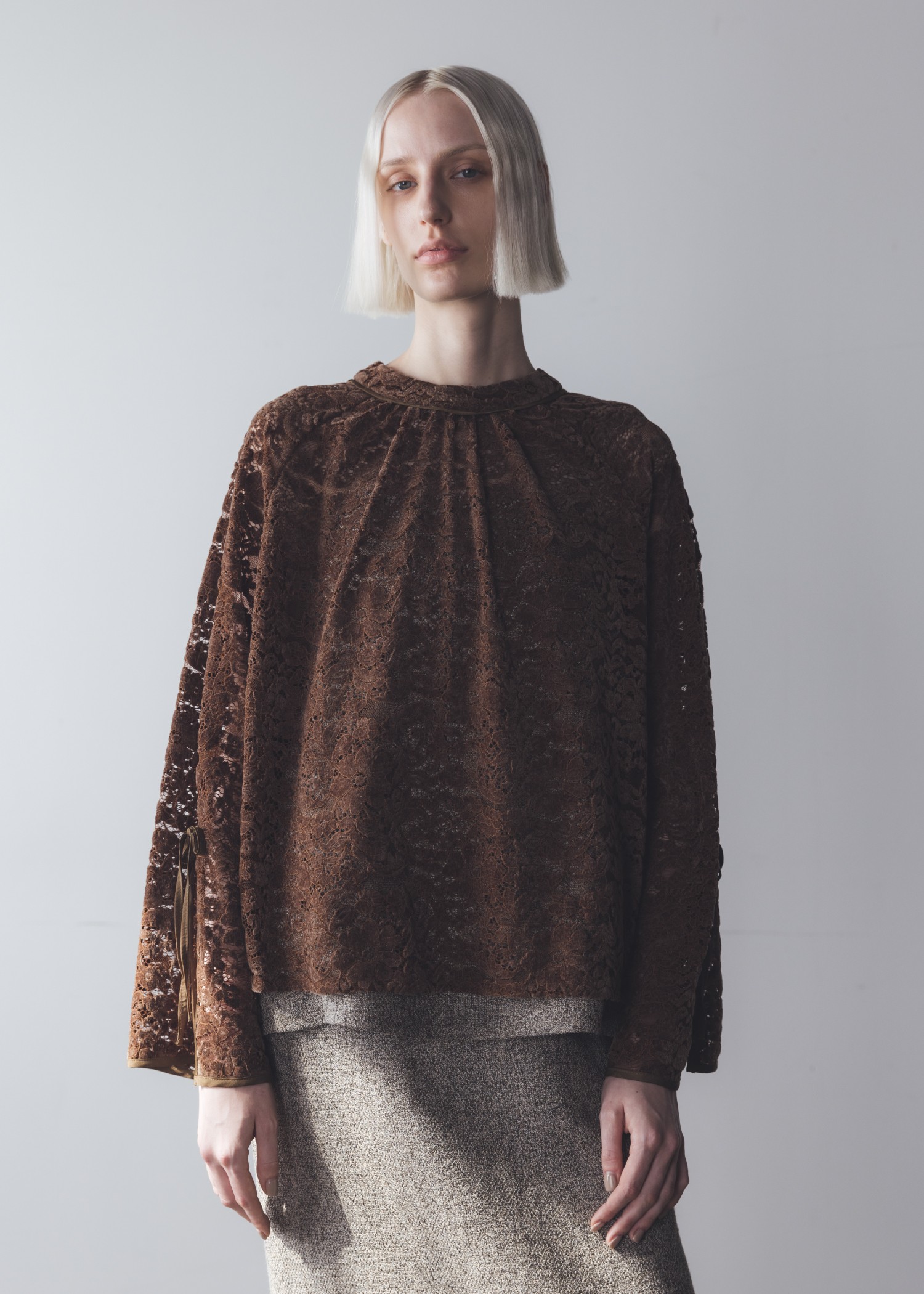 sheer velour lace ribbon sleeve blouse