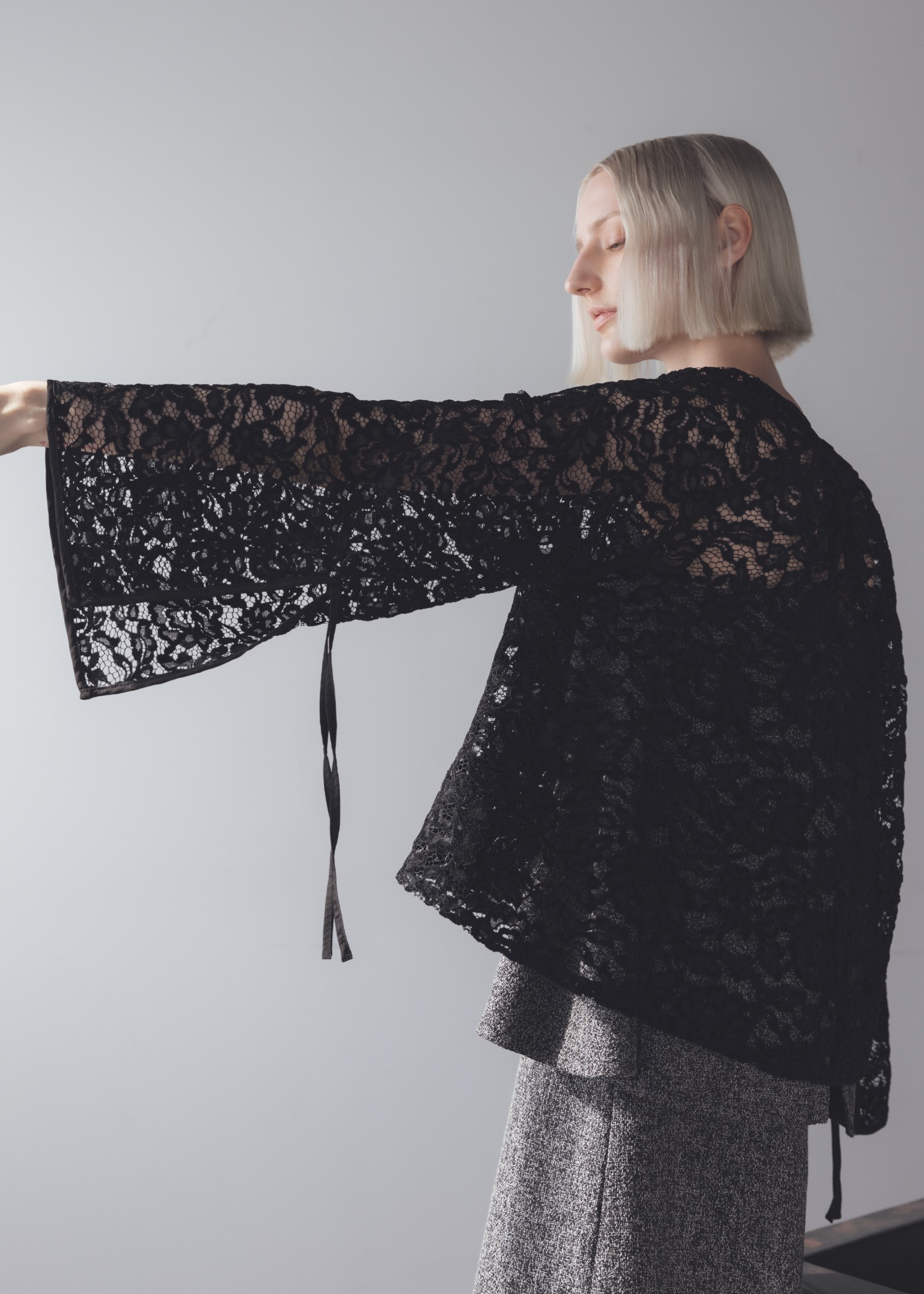 sheer velour lace ribbon sleeve blouse