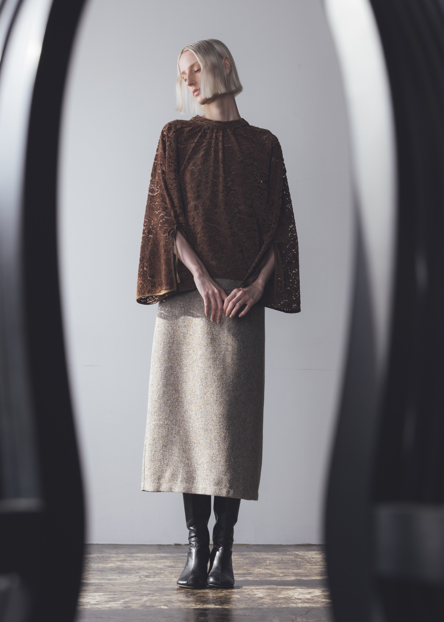 sheer velour lace ribbon sleeve blouse