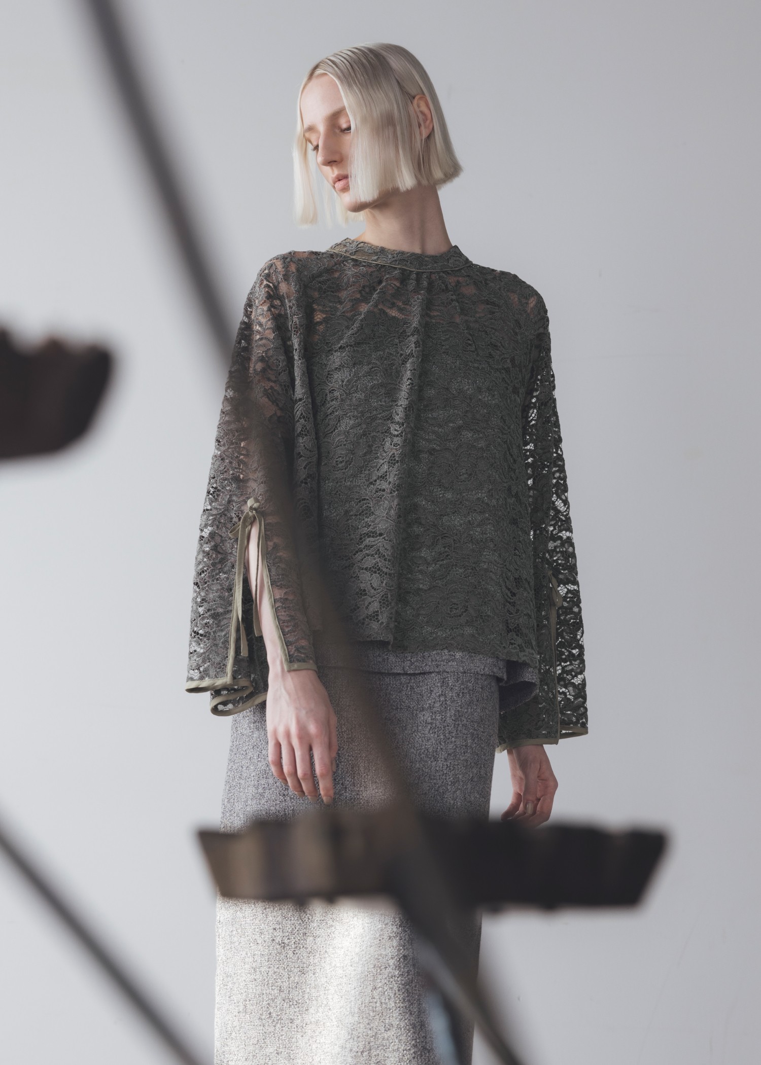 sheer velour lace ribbon sleeve blouse