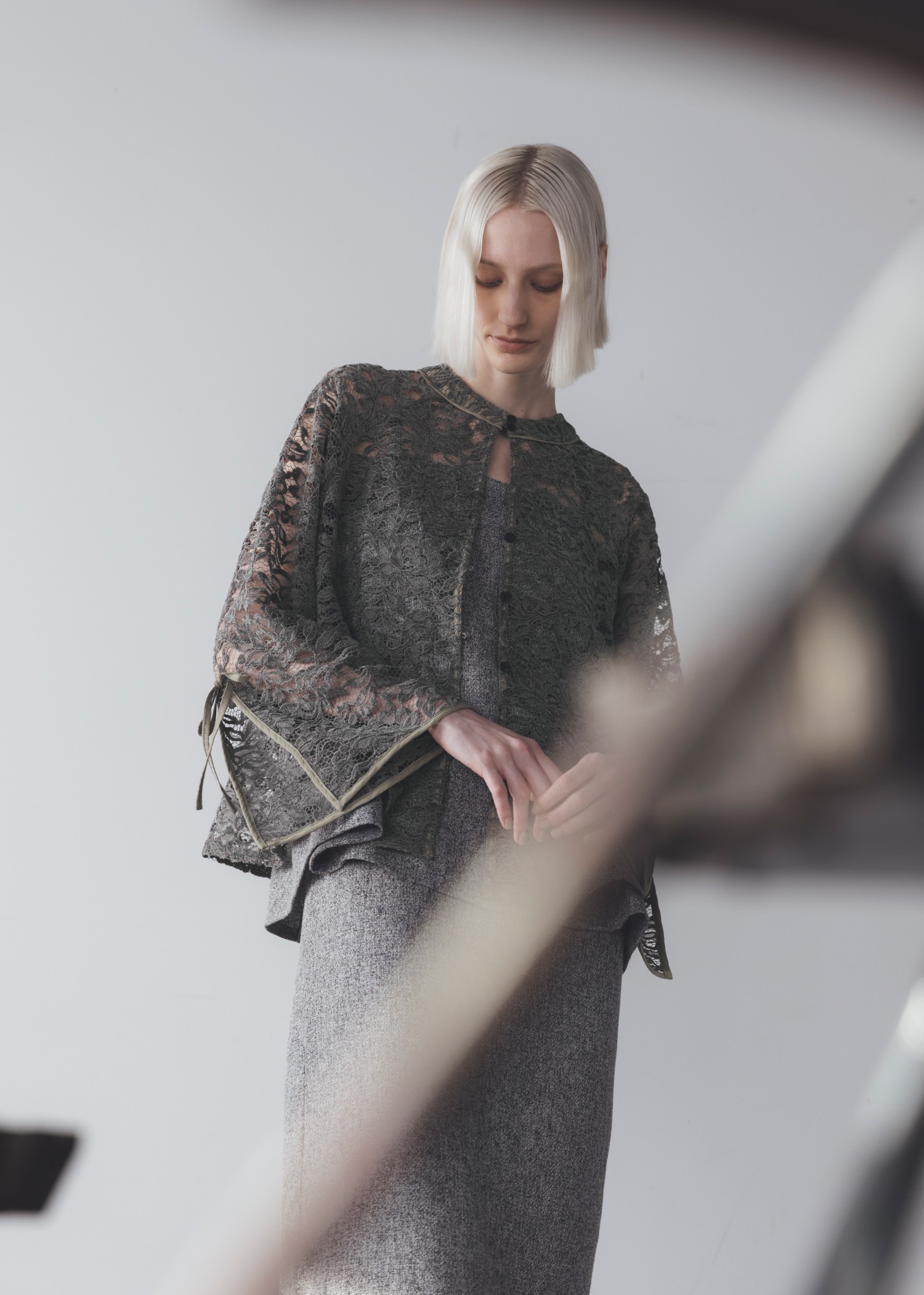 sheer velour lace ribbon sleeve blouse