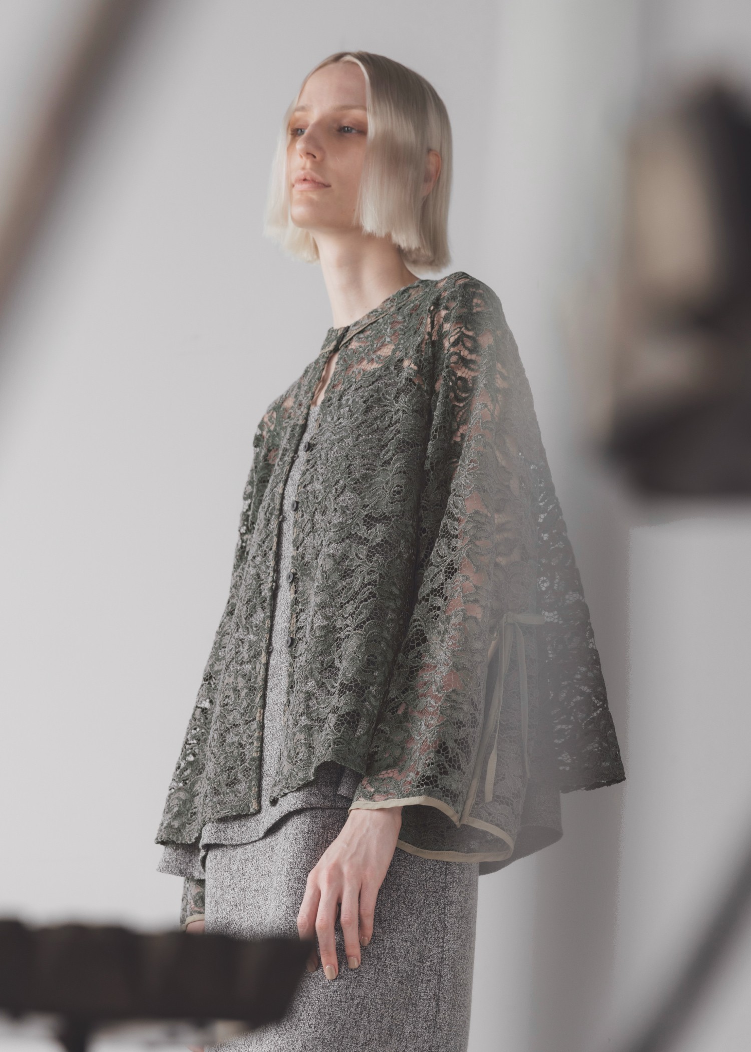 sheer velour lace ribbon sleeve blouse