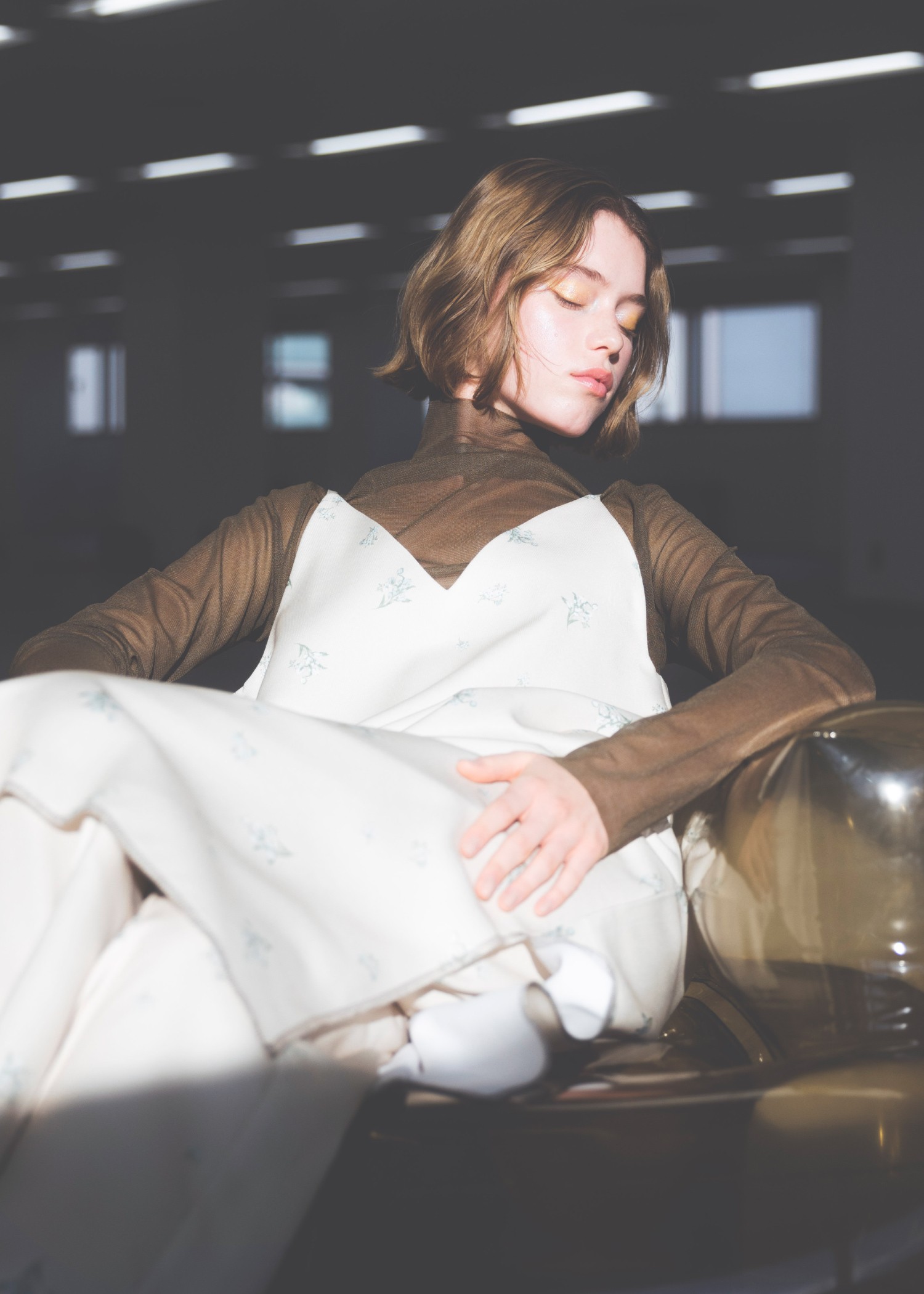 melange mesh sheer bottle neck tops