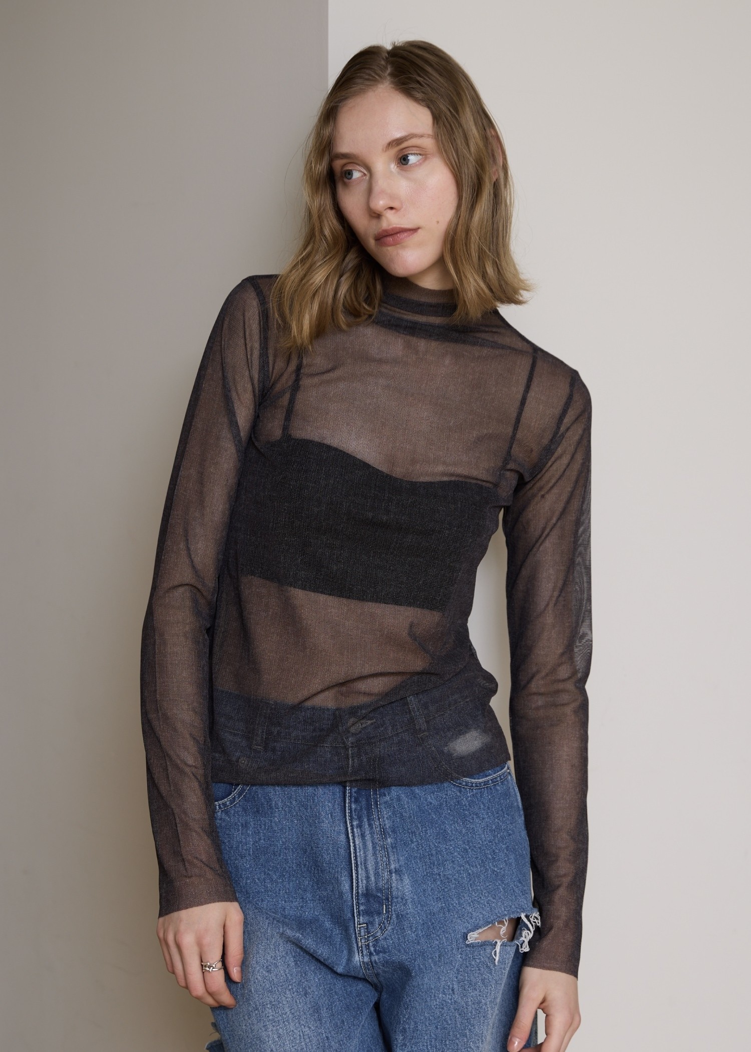 melange mesh sheer bottle neck tops