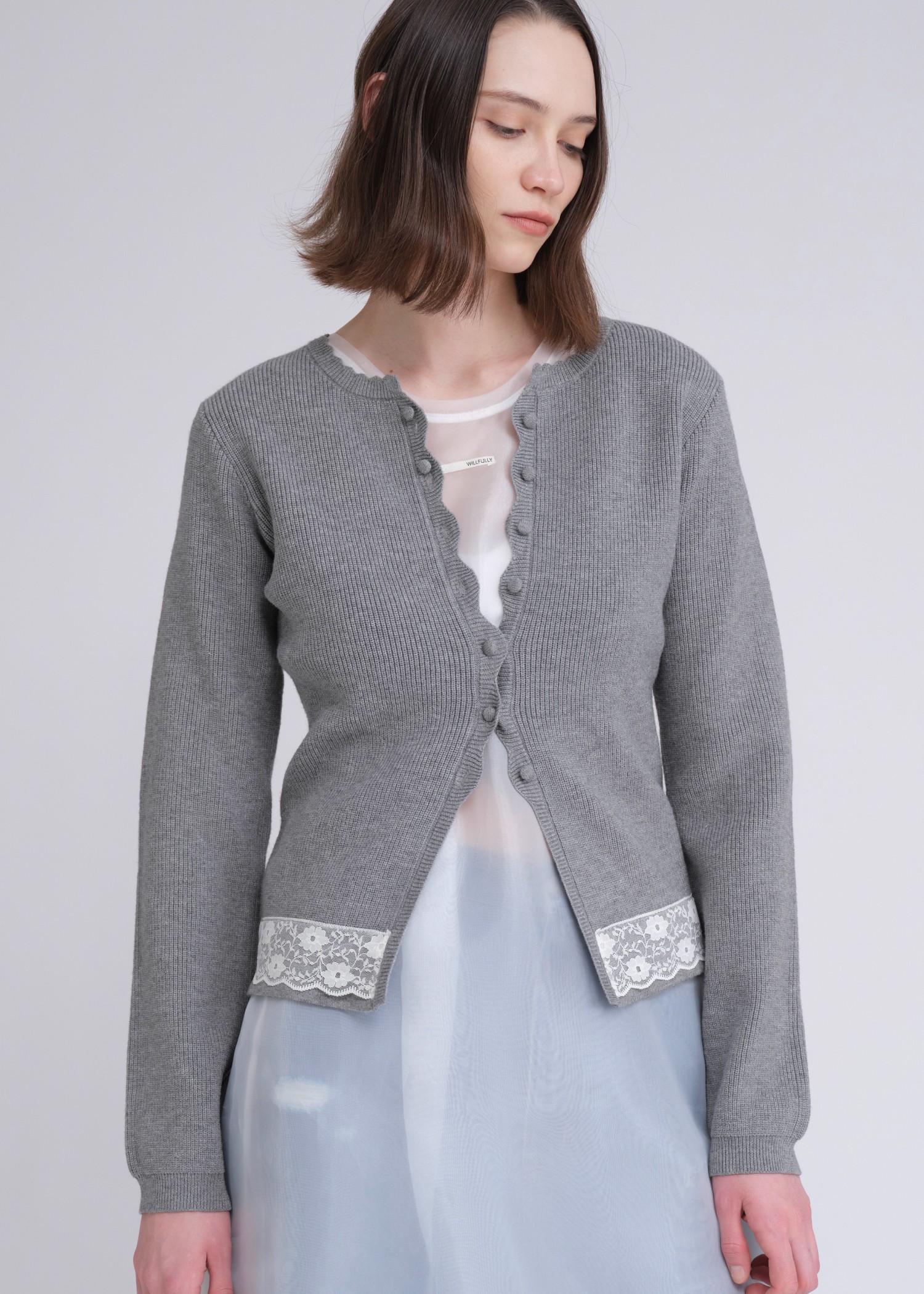 lace combination scallop knit cardigan