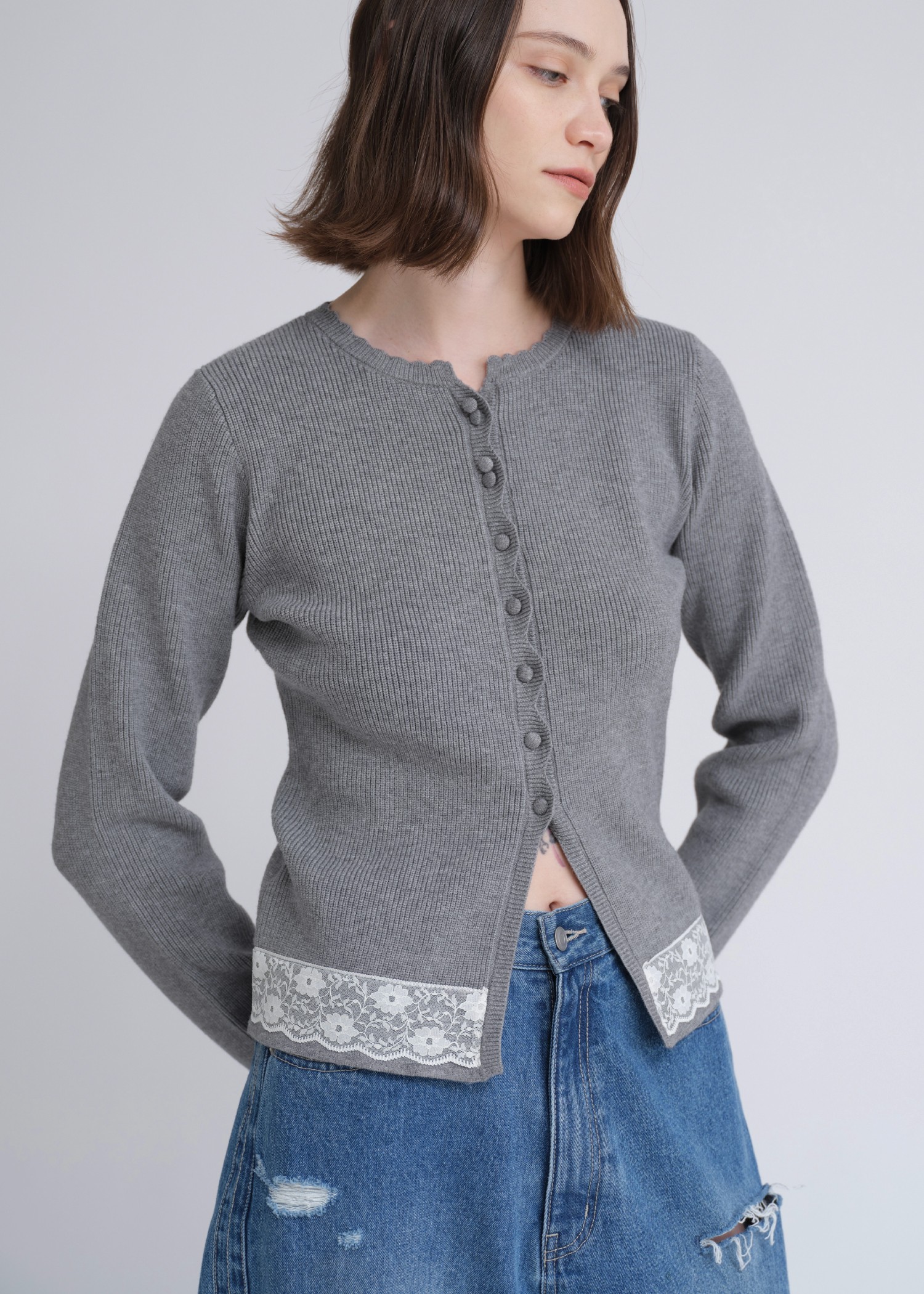 lace combination scallop knit cardigan