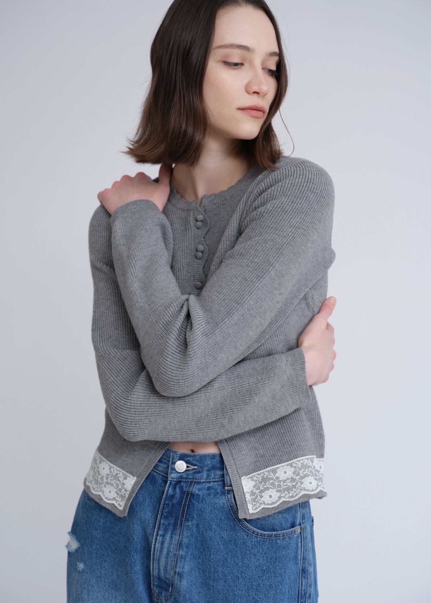 lace combination scallop knit cardigan