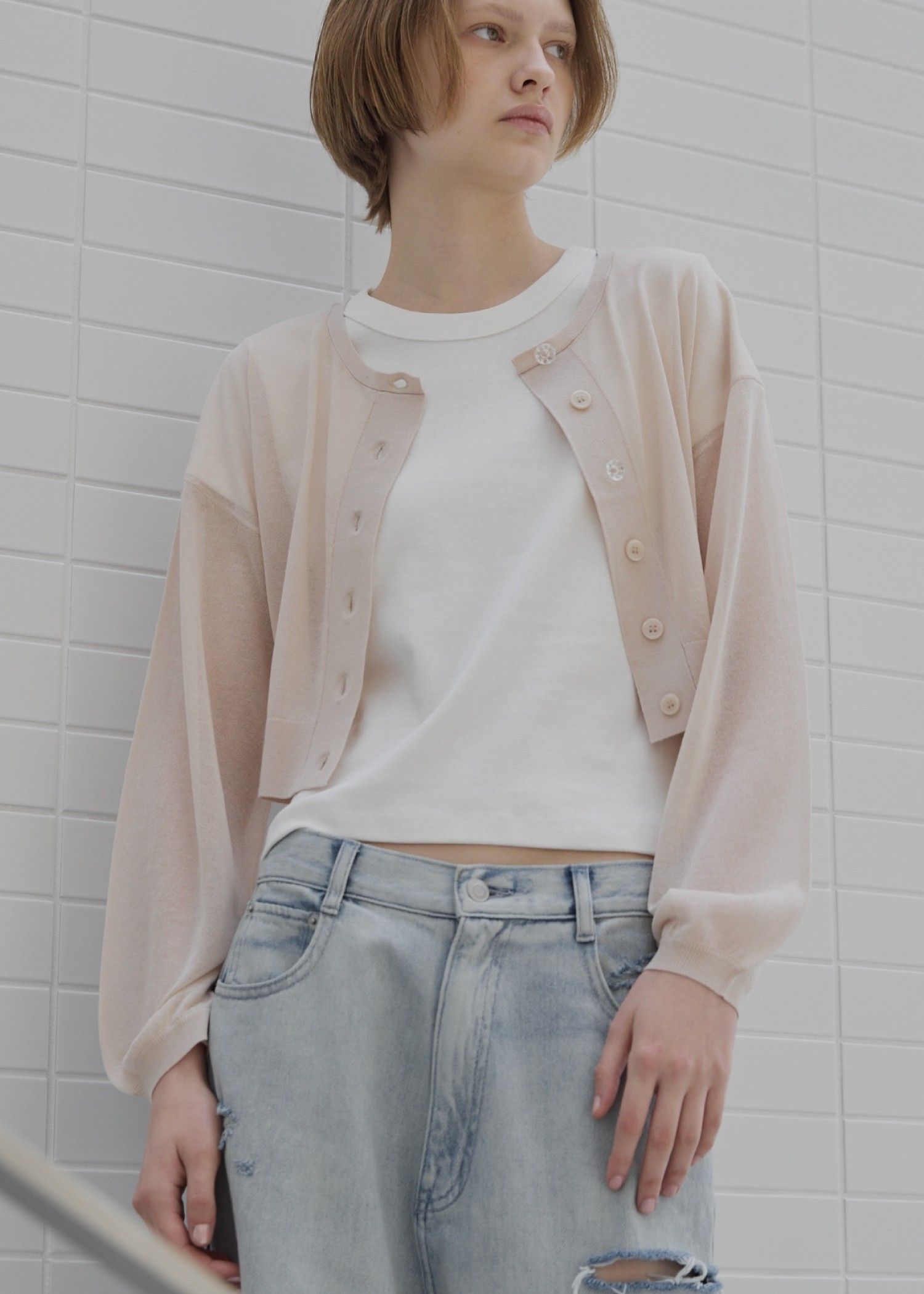 sheer round neck multi button cardigan