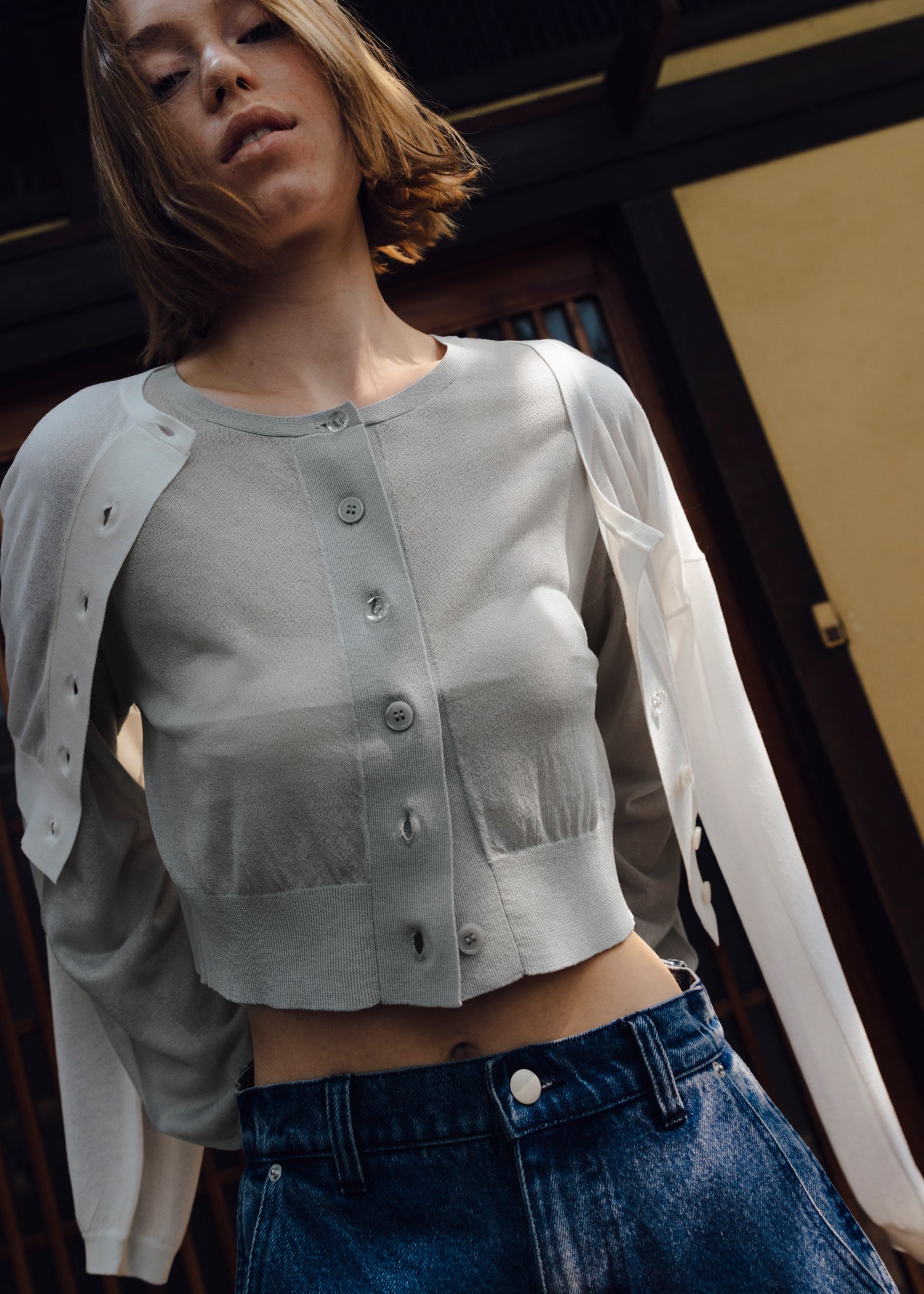 sheer round neck multi button cardigan