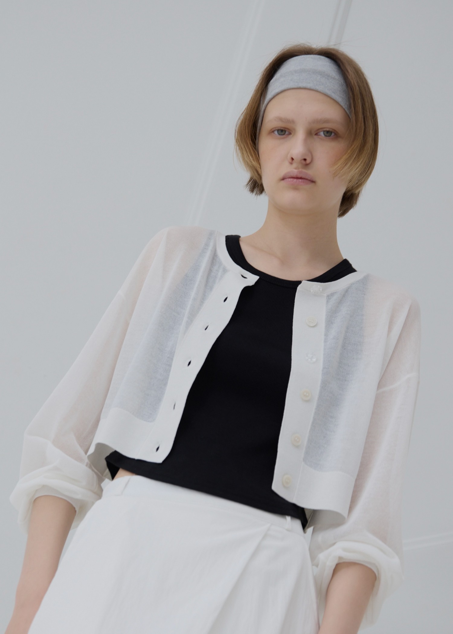 sheer round neck multi button cardigan