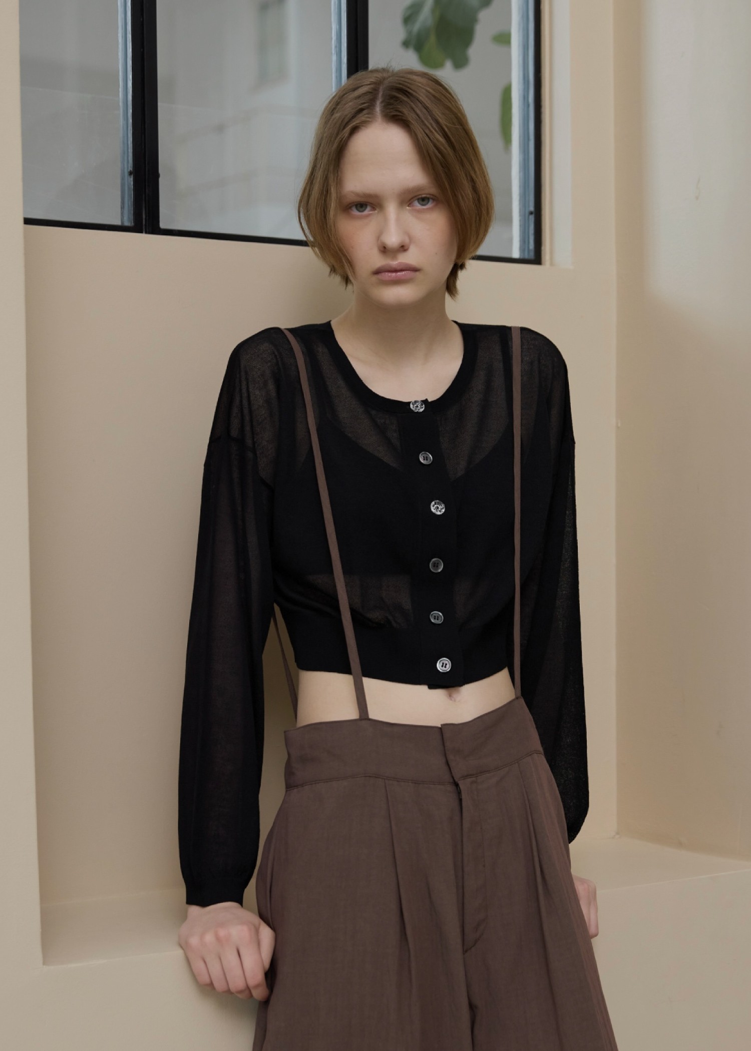 sheer round neck multi button cardigan