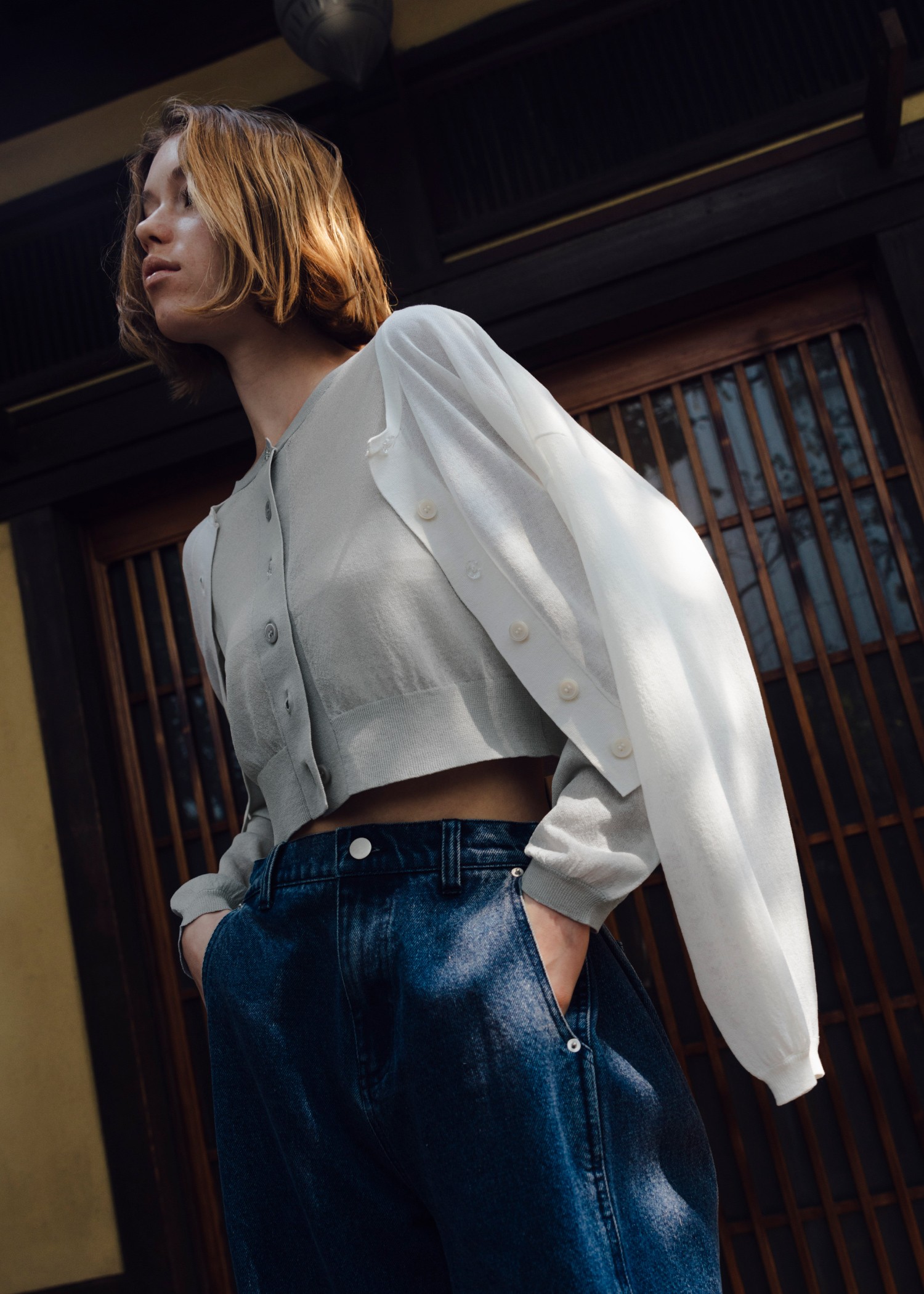 sheer round neck multi button cardigan