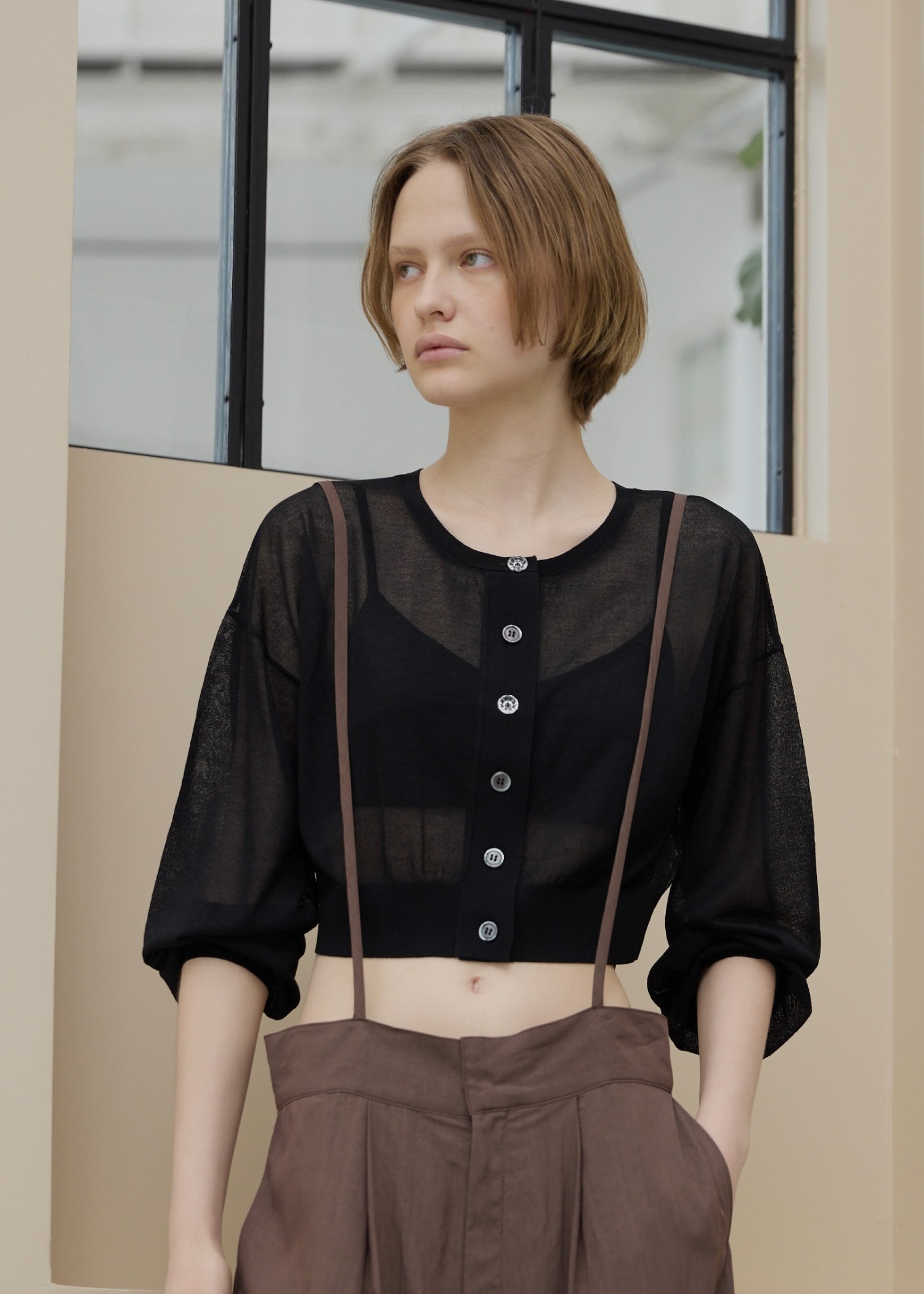 sheer round neck multi button cardigan