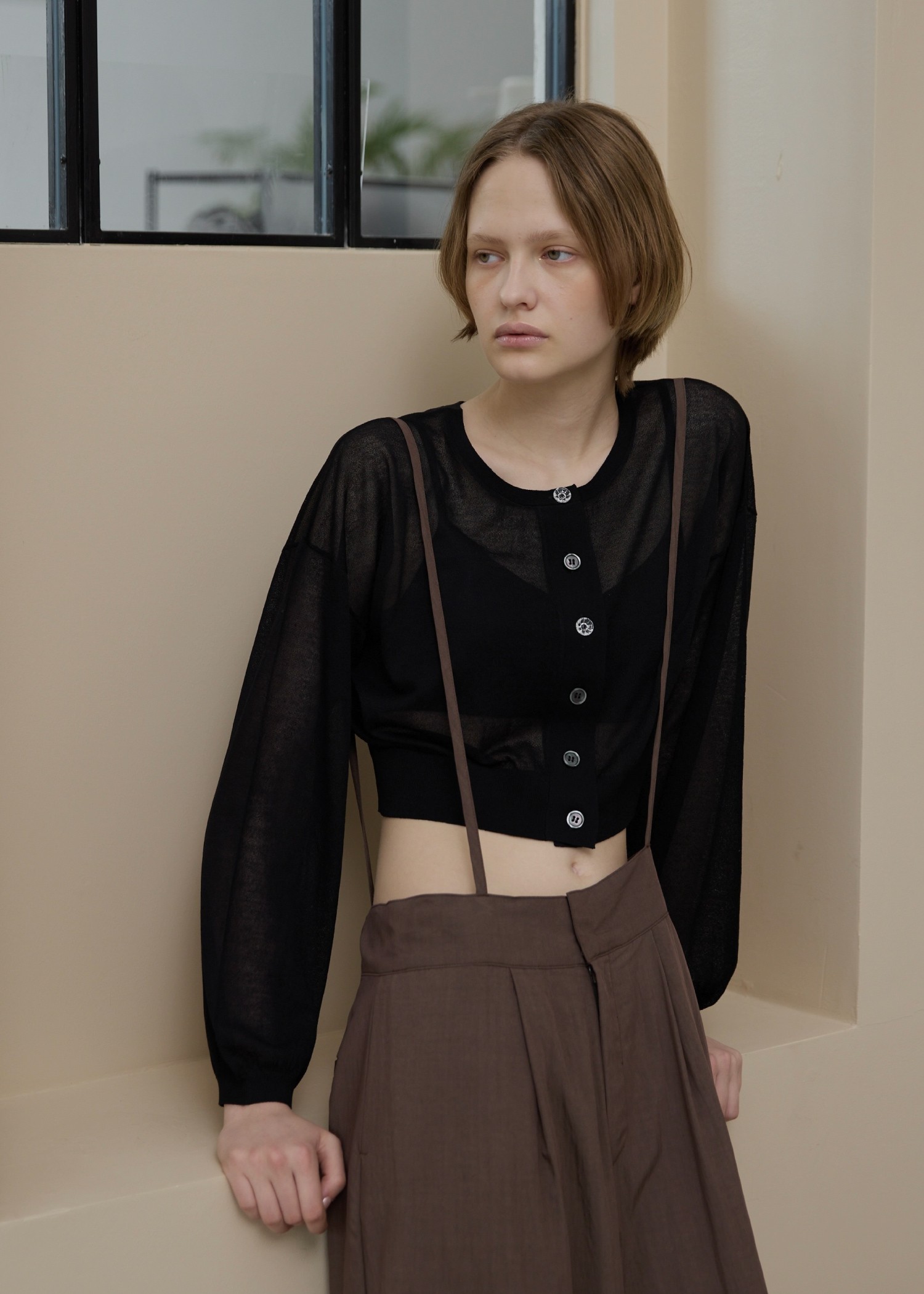 sheer round neck multi button cardigan