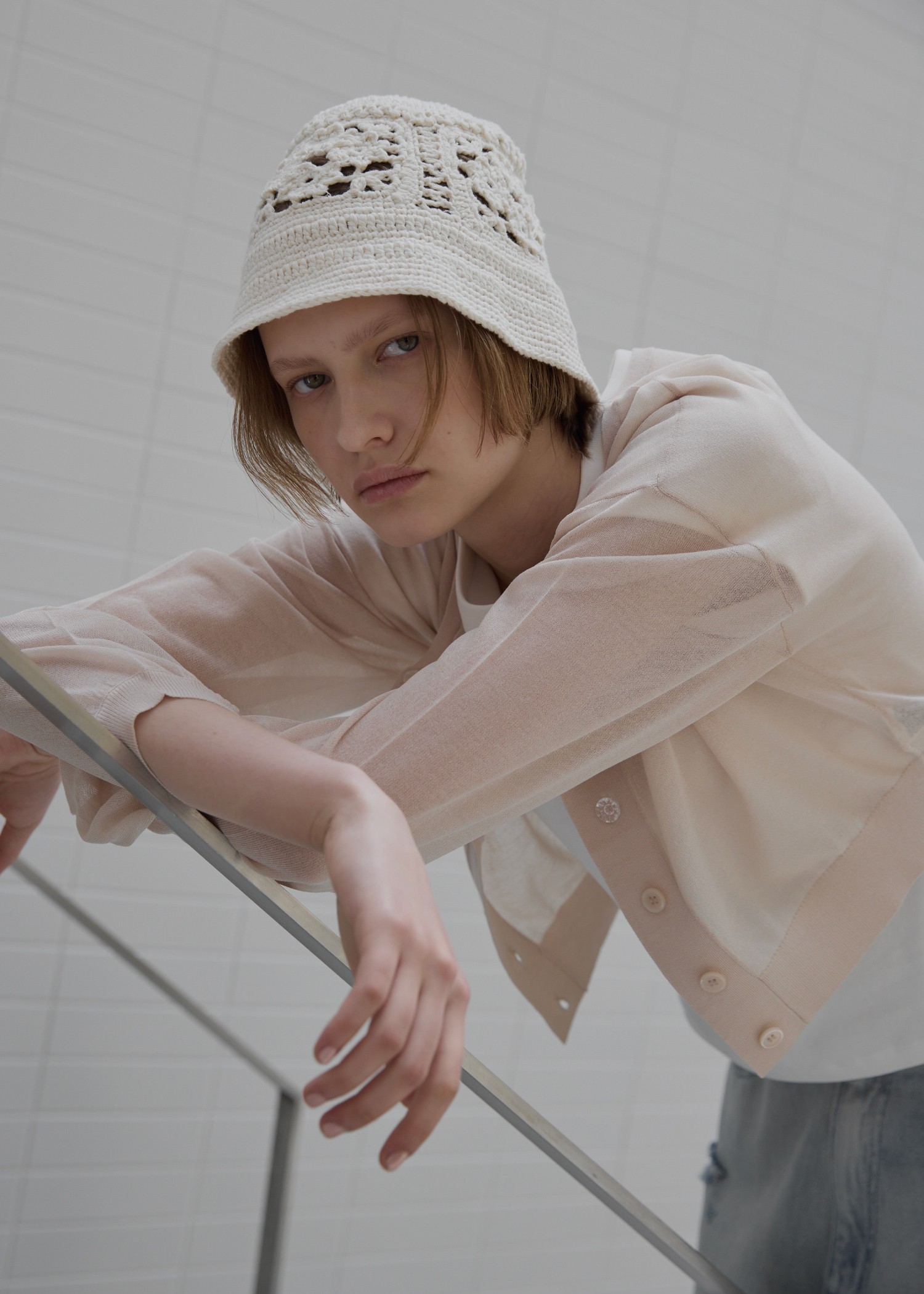 sheer round neck multi button cardigan