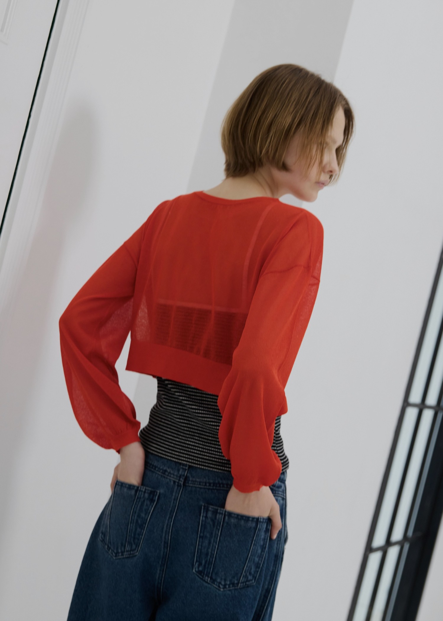 sheer round neck multi button cardigan