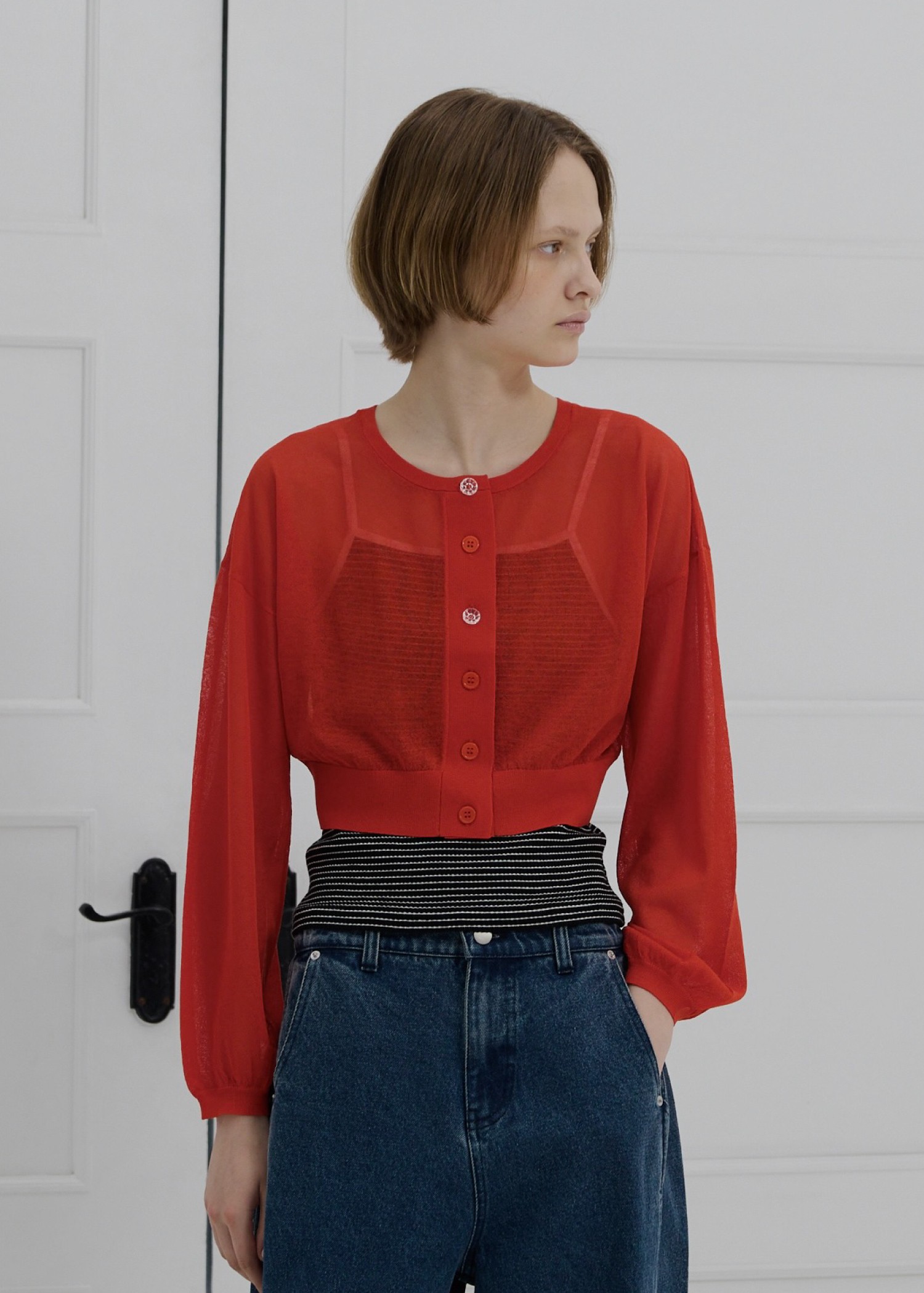 sheer round neck multi button cardigan