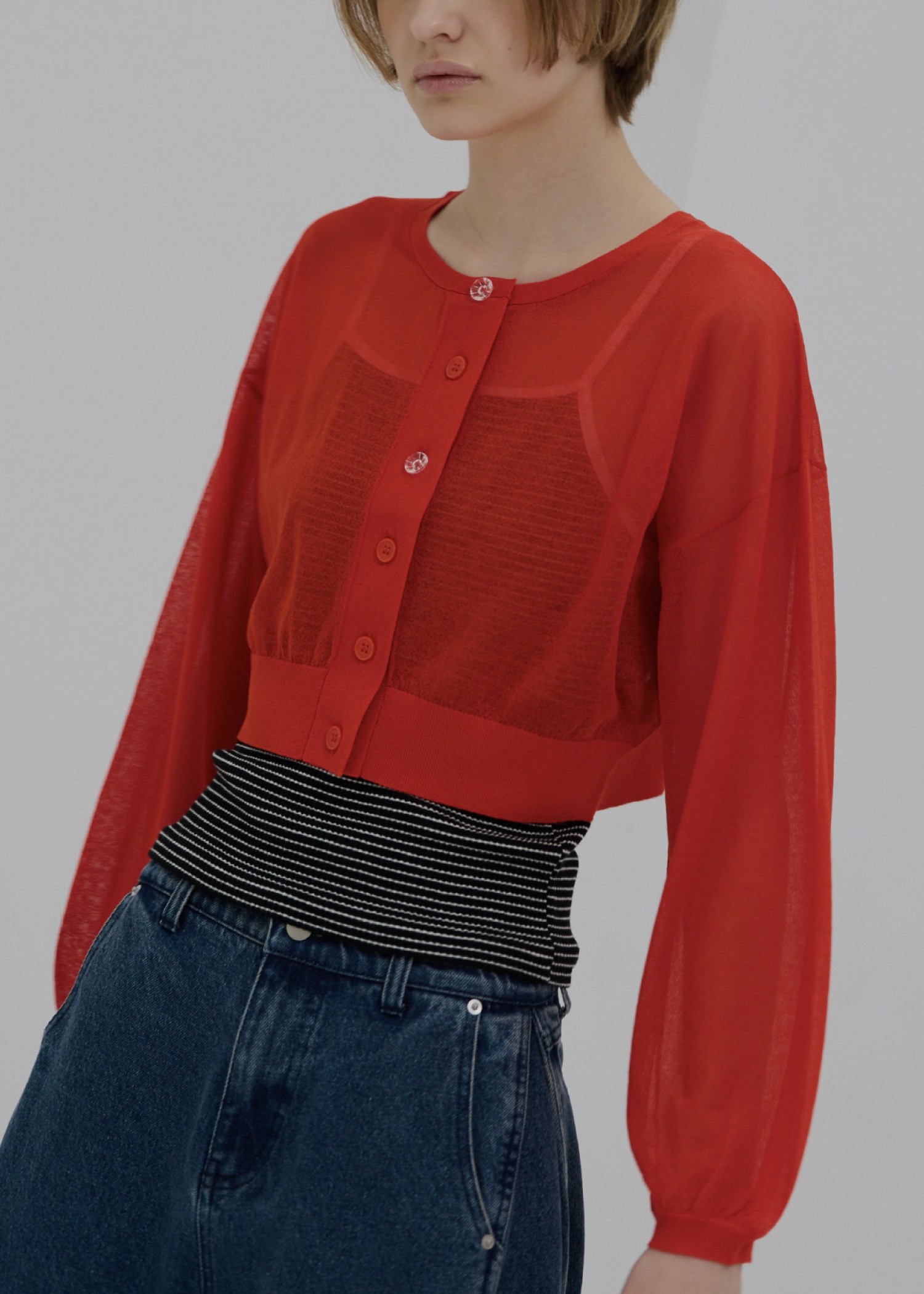 sheer round neck multi button cardigan