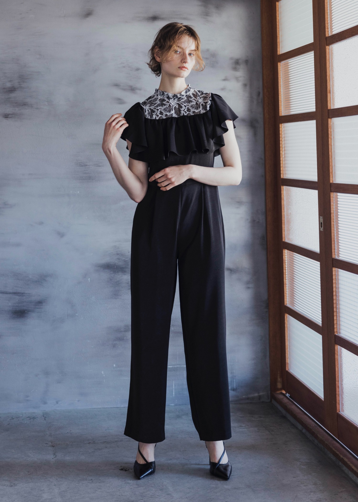 lace switching frill off shoulder all-in-one