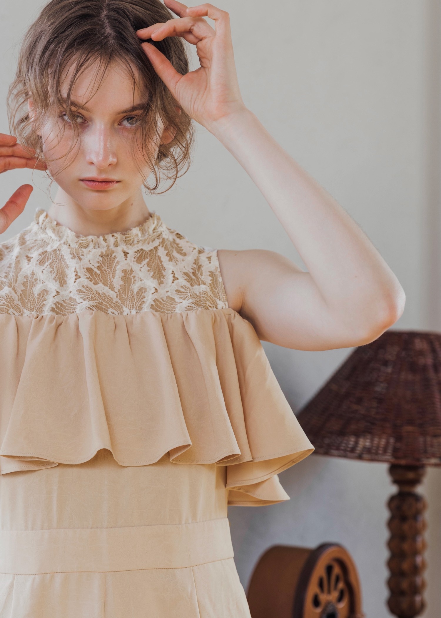 lace switching frill off shoulder all-in-one