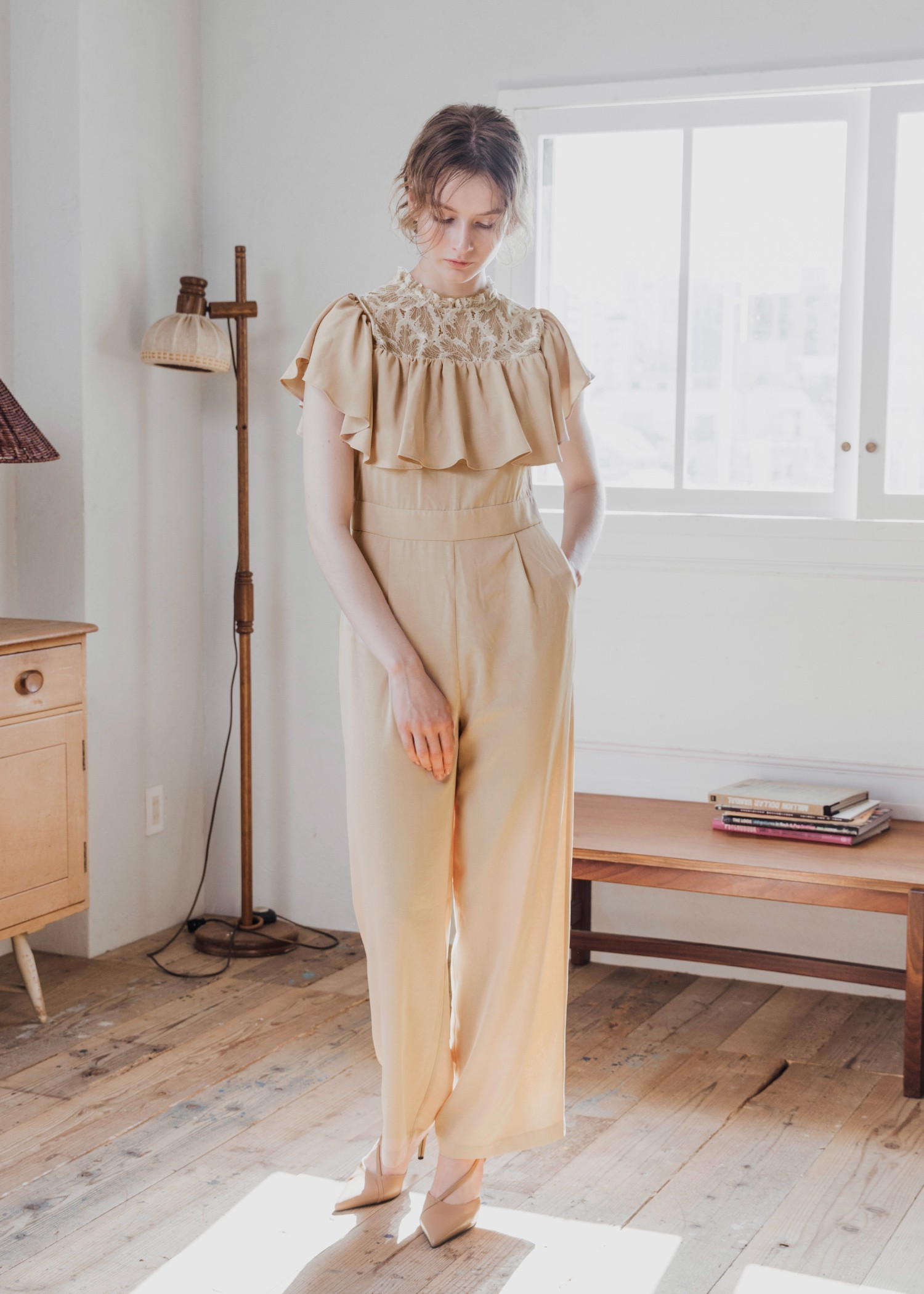 lace switching frill off shoulder all-in-one