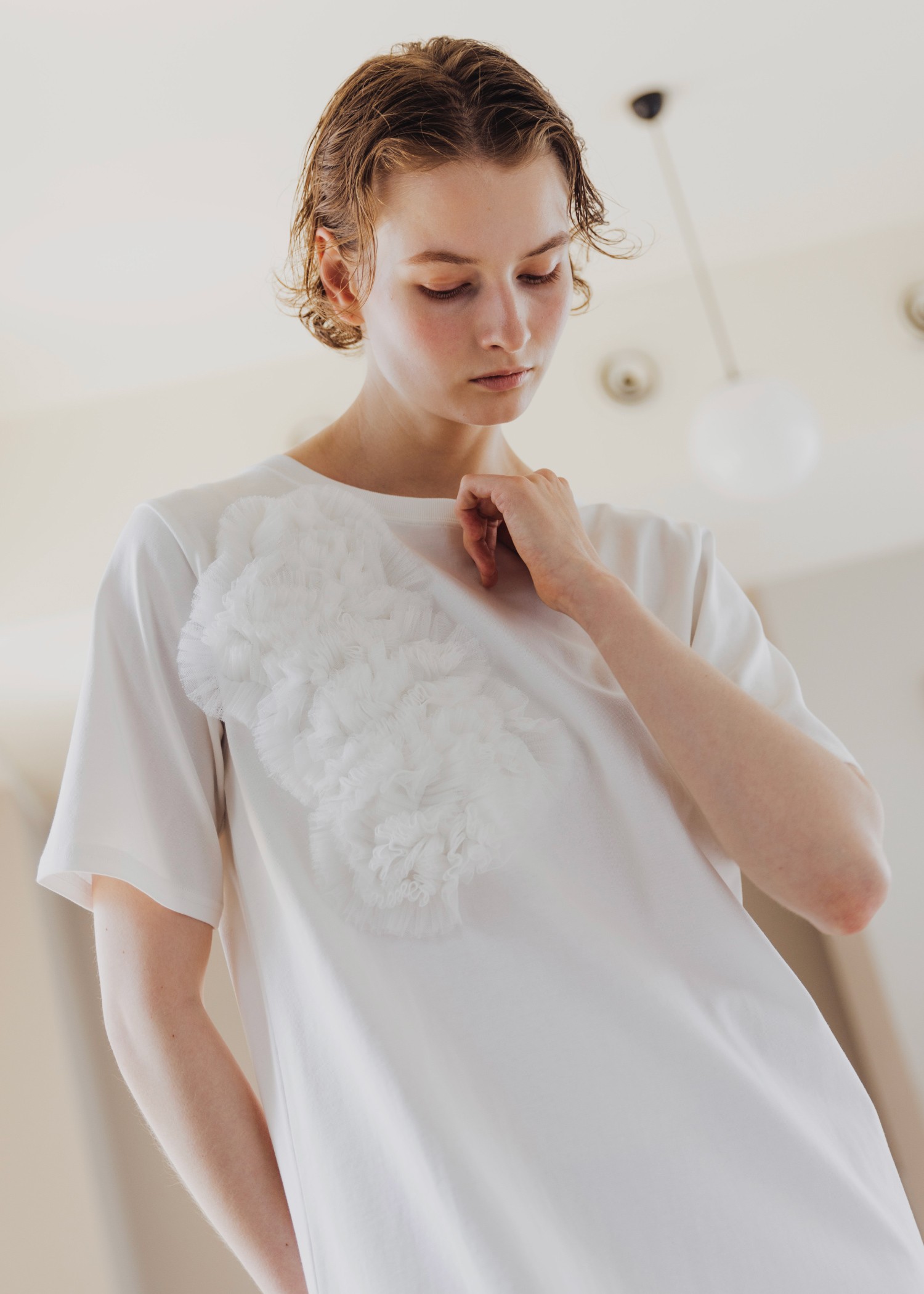 tulle motif half sleeve cut and sew OP