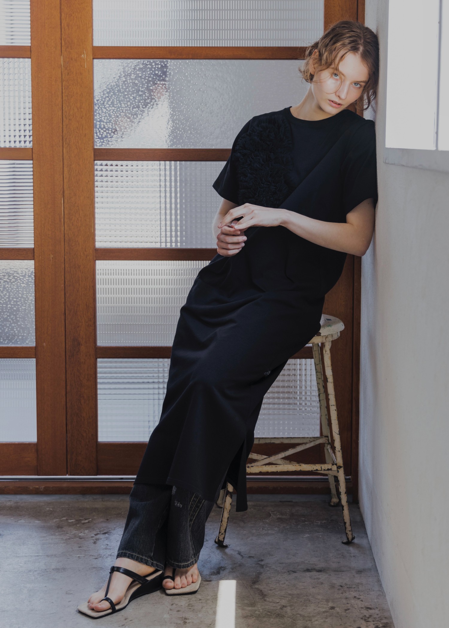 tulle motif half sleeve cut and sew OP