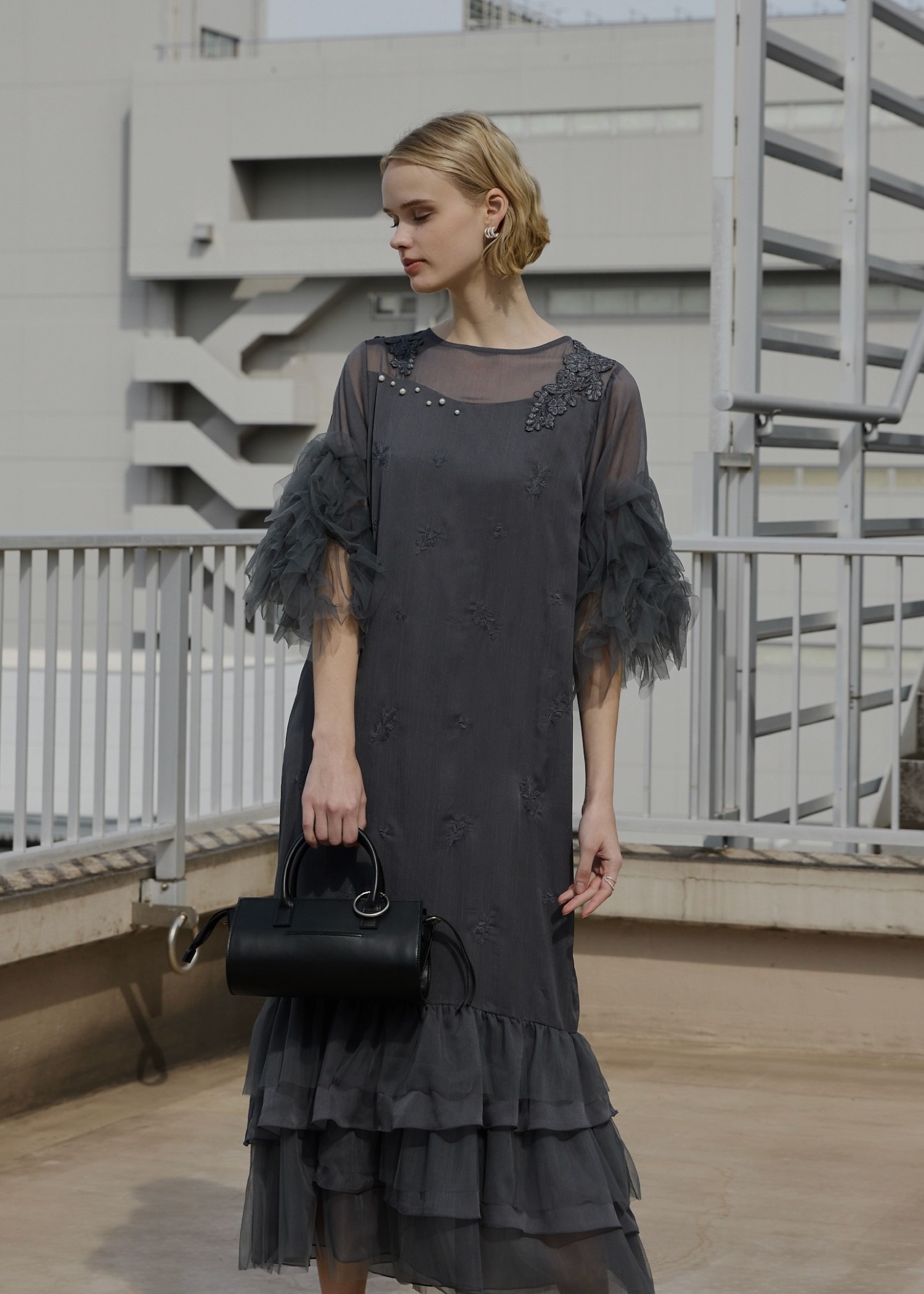 hem tiered volume sleeve embroidery OP