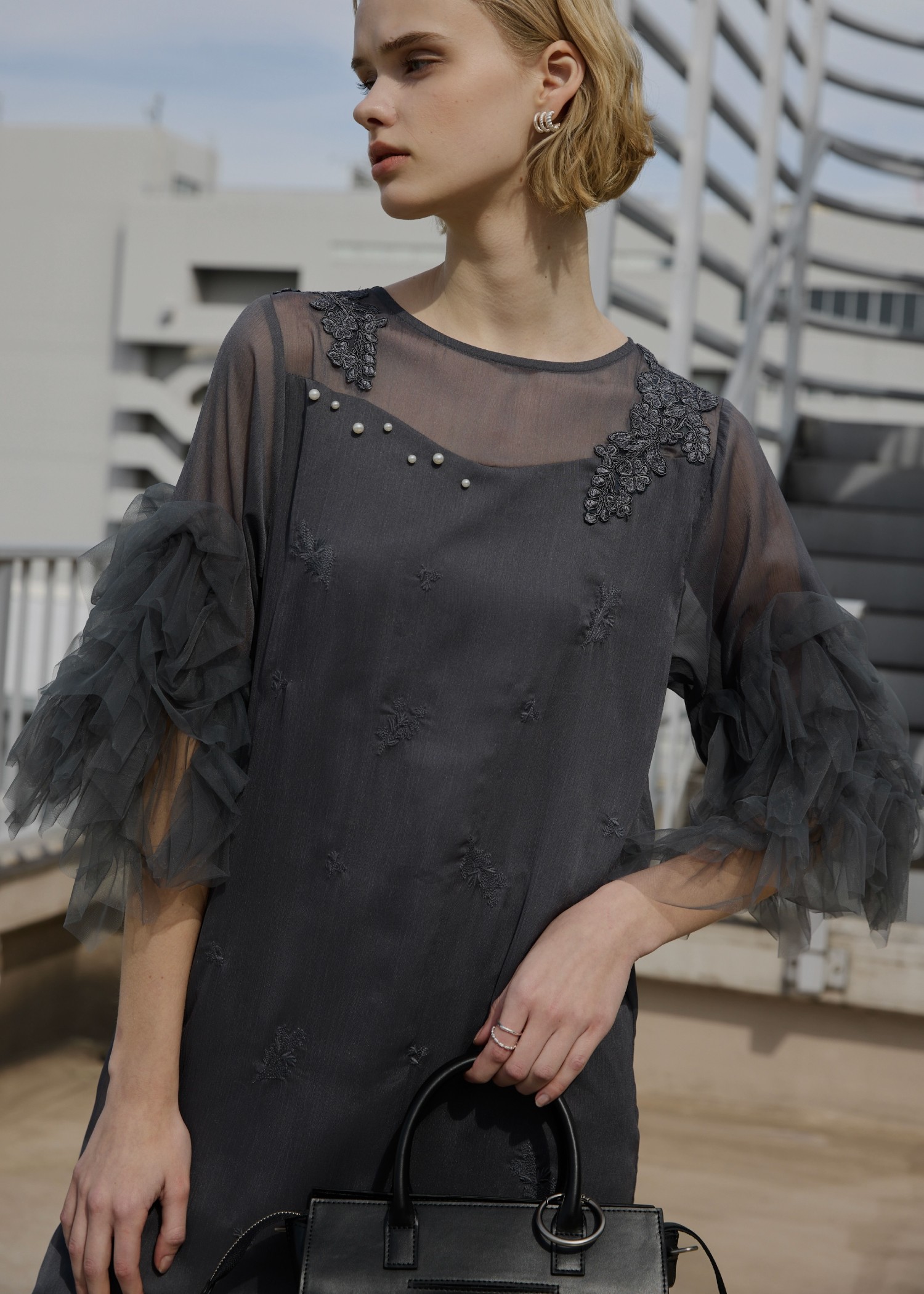 hem tiered volume sleeve embroidery OP