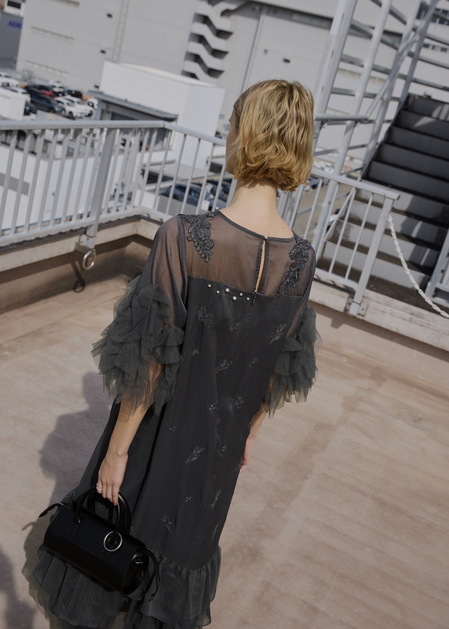 hem tiered volume sleeve embroidery OP