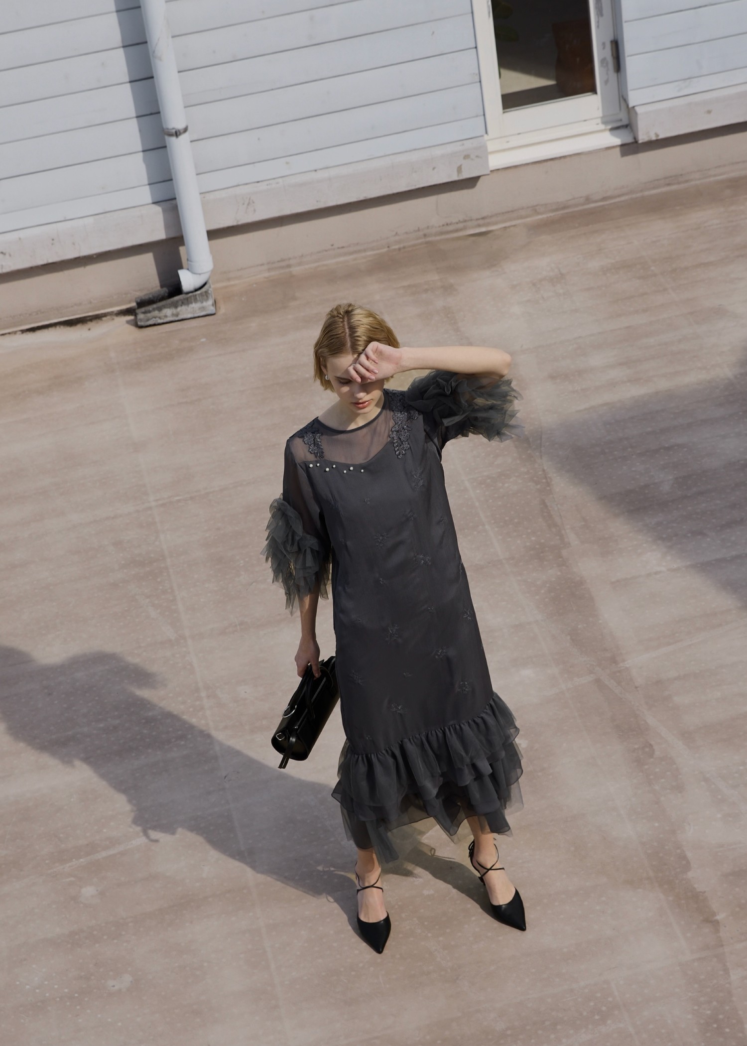 hem tiered volume sleeve embroidery OP