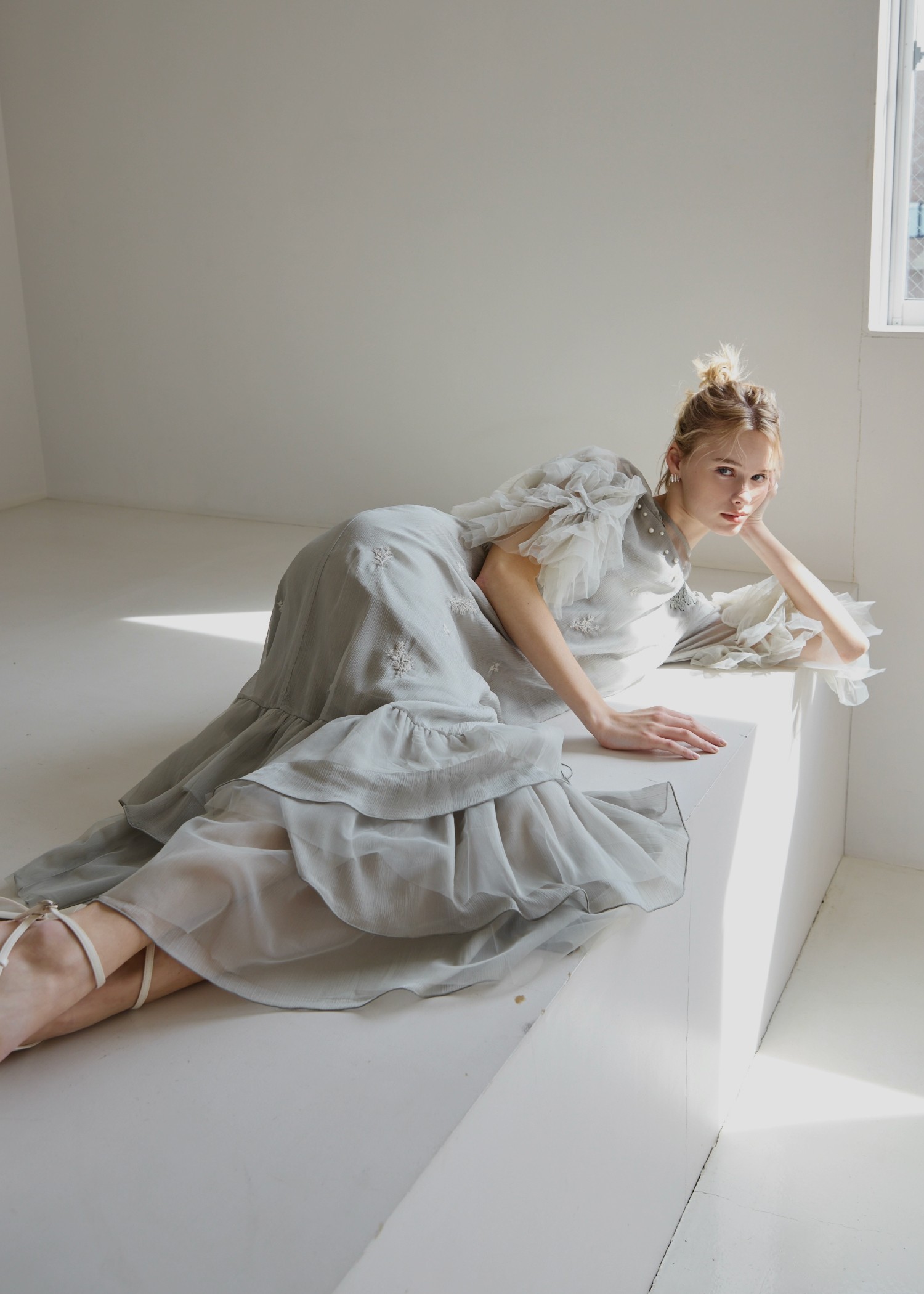 hem tiered volume sleeve embroidery OP