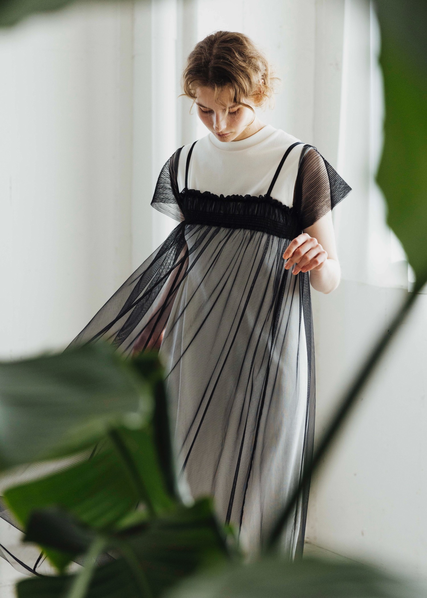 pleats shirring tulle camisole OP