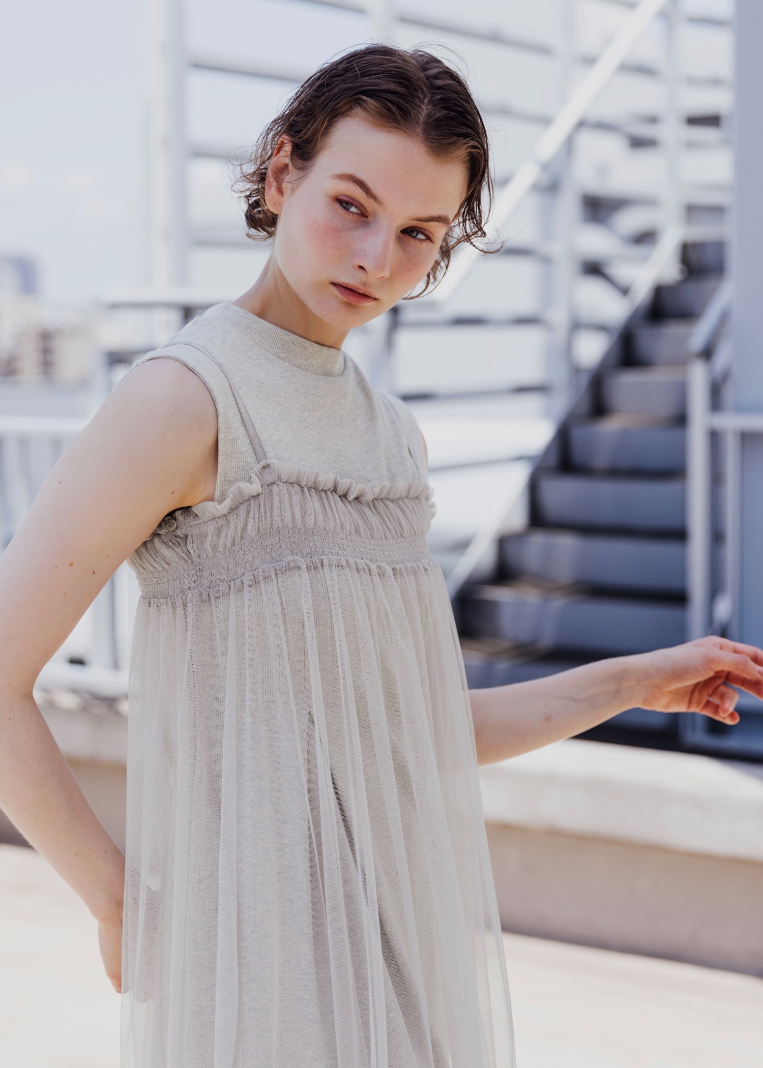 pleats shirring tulle camisole OP