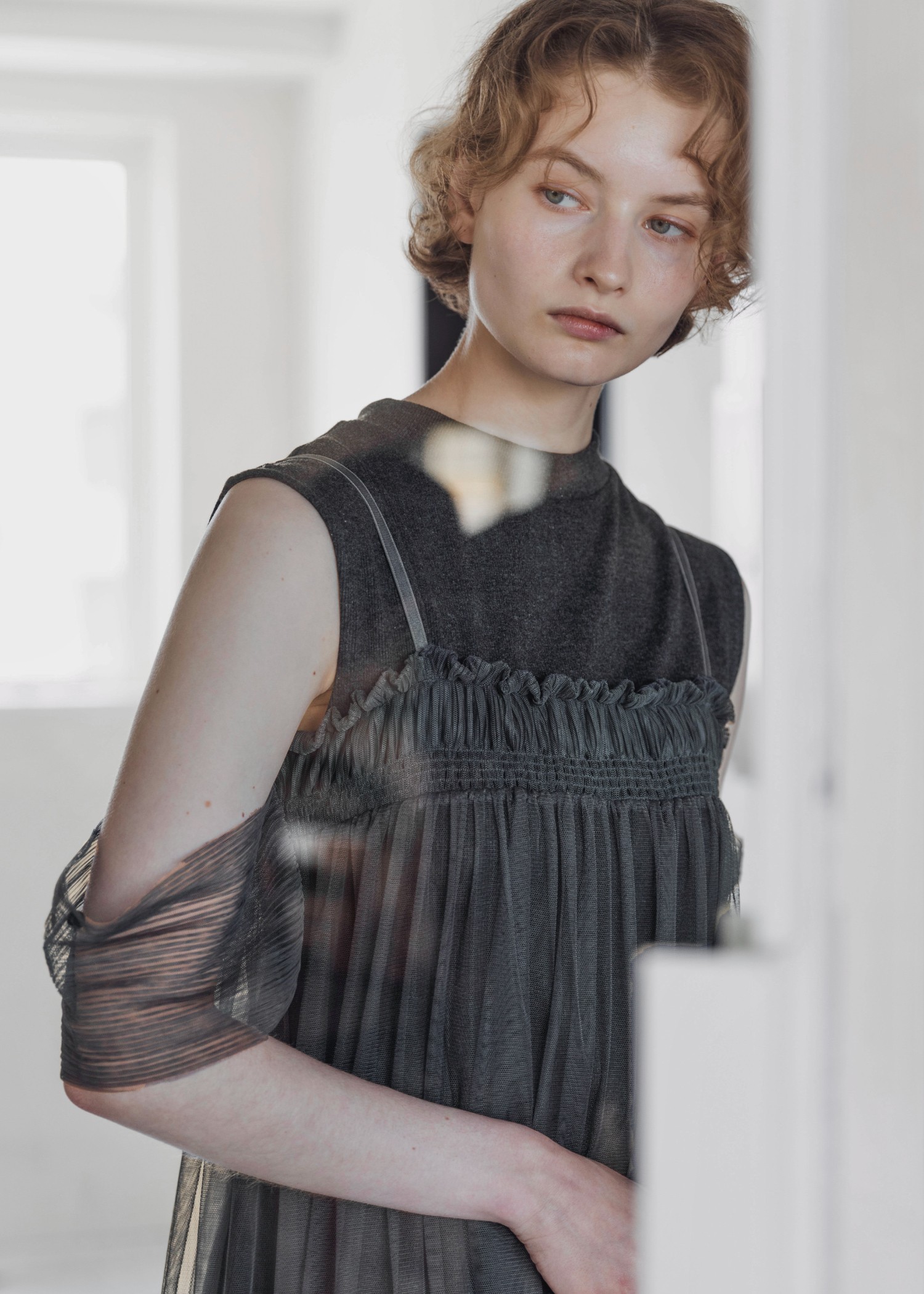 pleats shirring tulle camisole OP