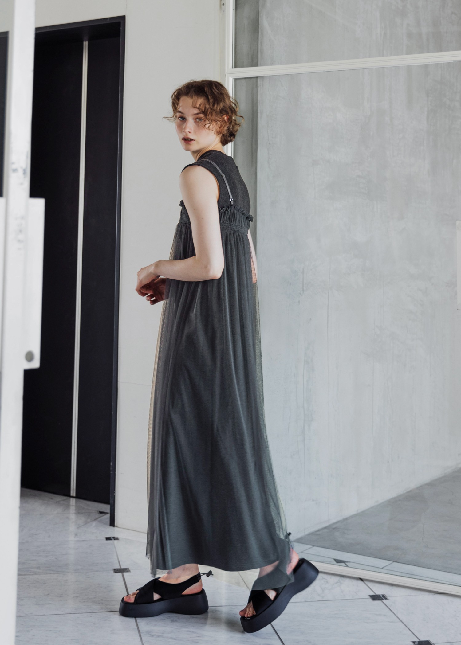 pleats shirring tulle camisole OP