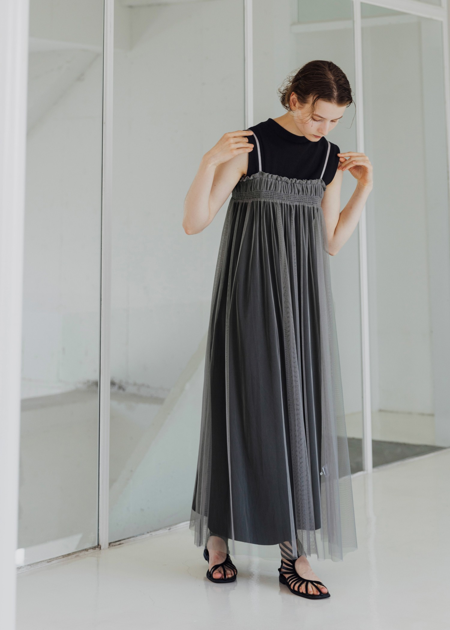 pleats shirring tulle camisole OP