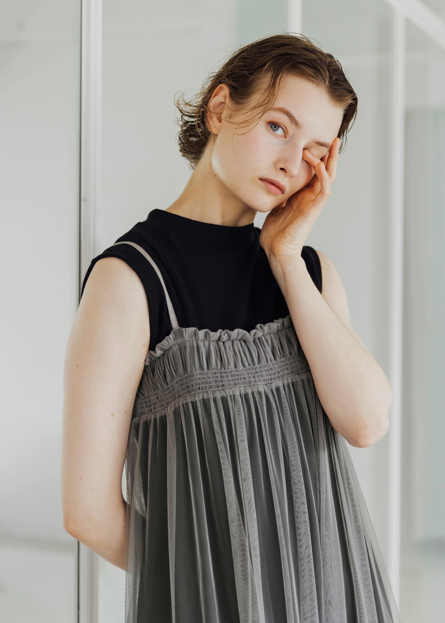 pleats shirring tulle camisole OP