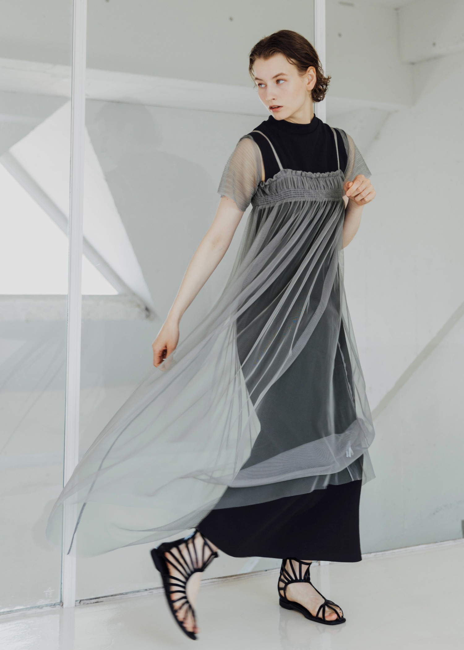 pleats shirring tulle camisole OP