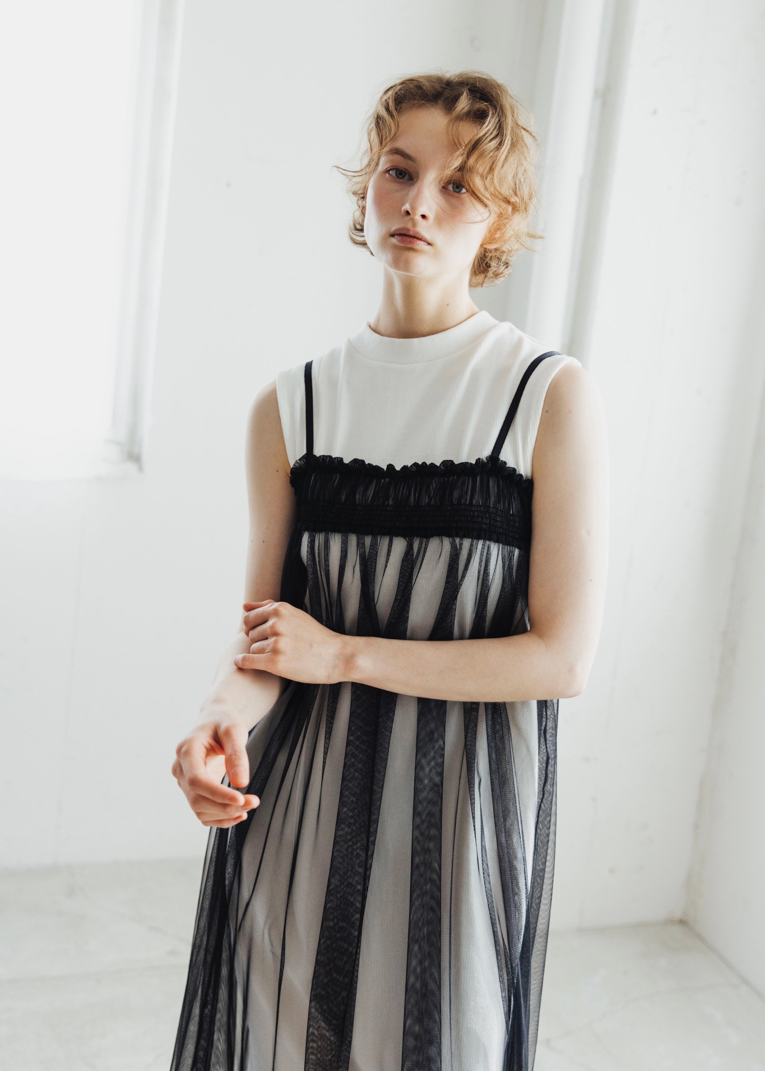 pleats shirring tulle camisole OP