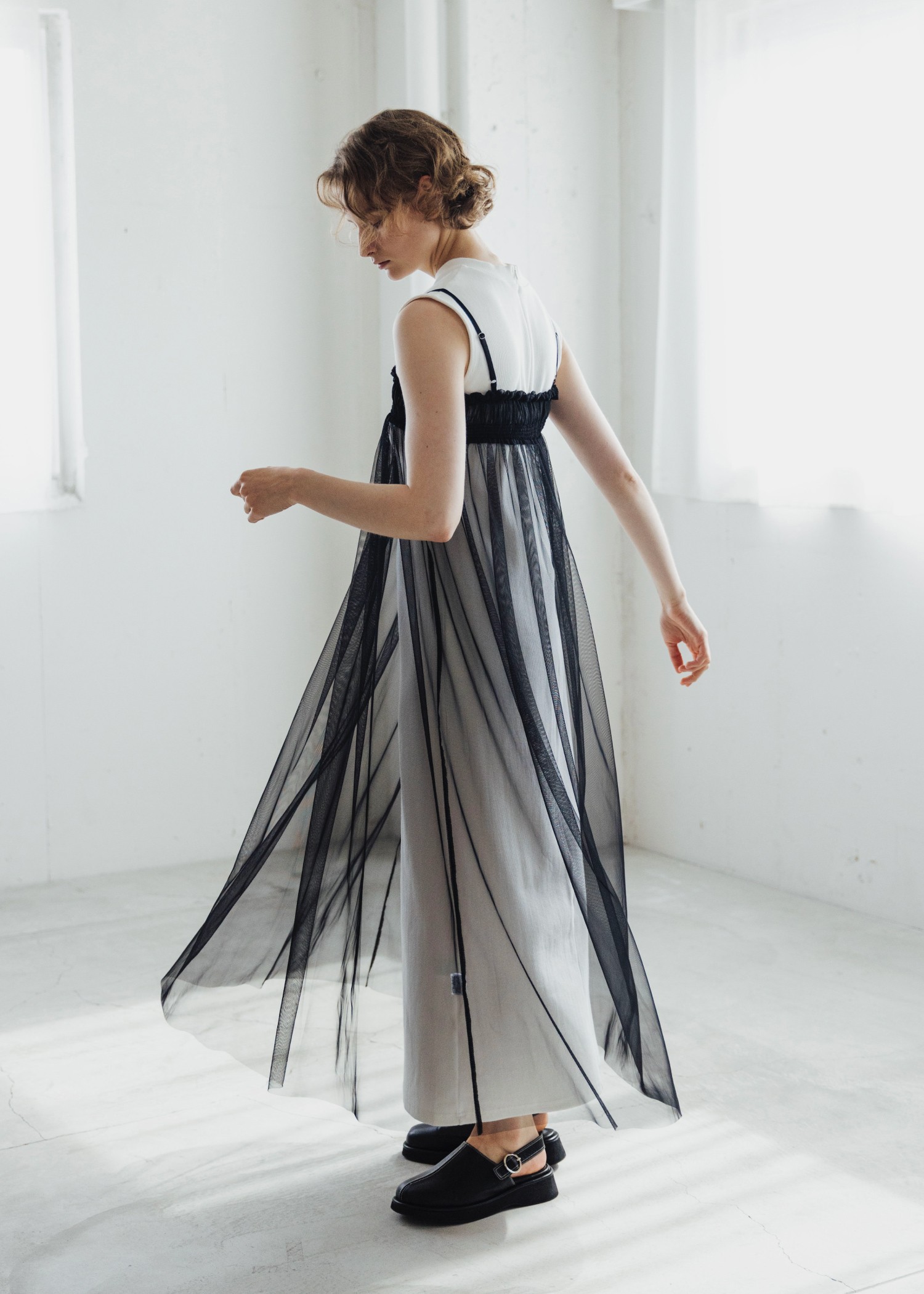 pleats shirring tulle camisole OP