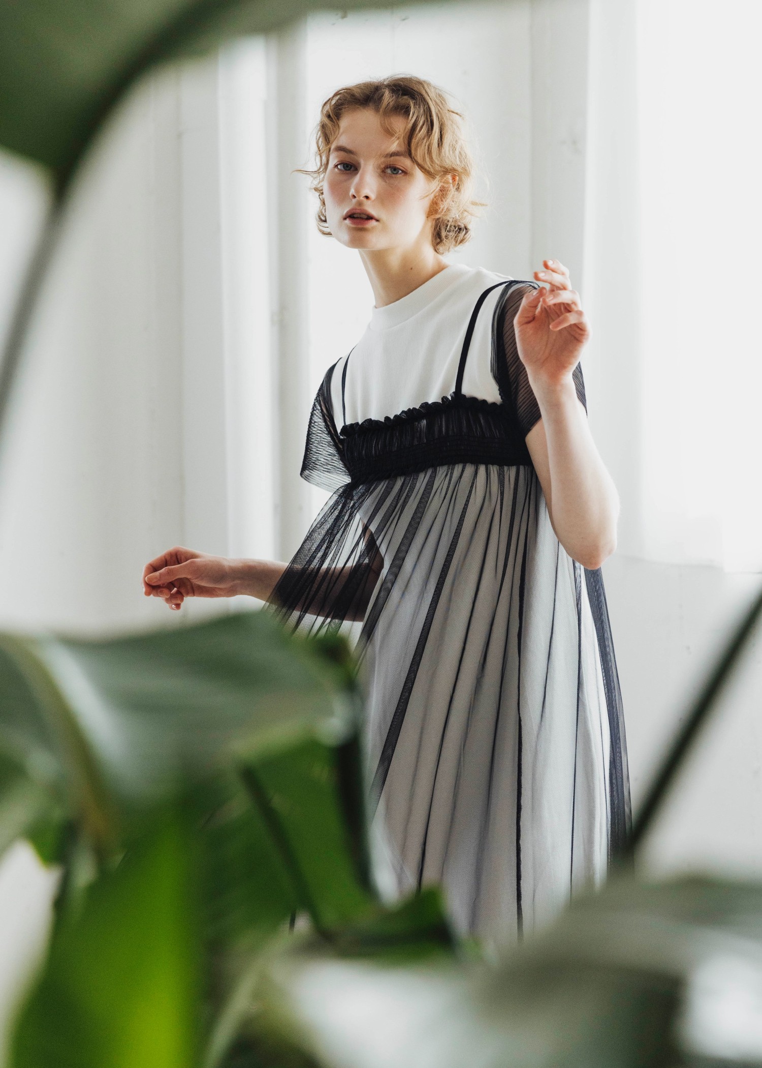 pleats shirring tulle camisole OP