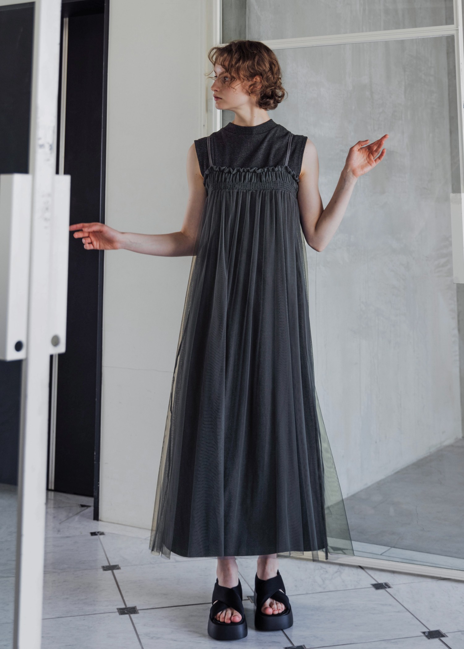 pleats shirring tulle camisole OP