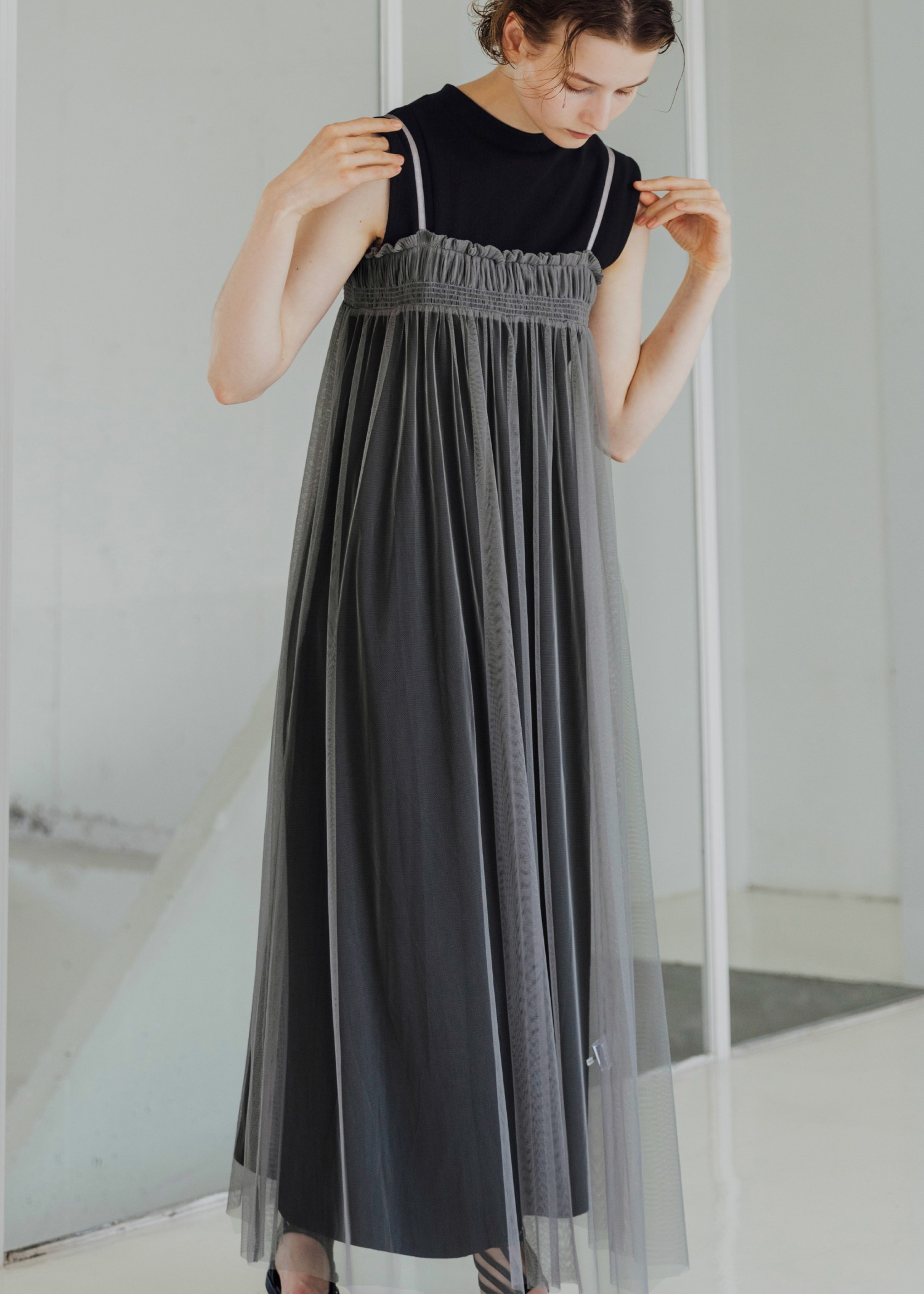 pleats shirring tulle camisole OP