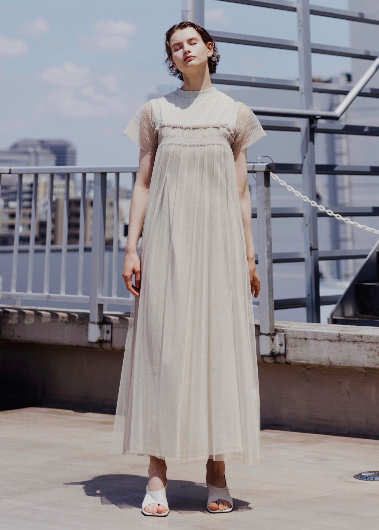 pleats shirring tulle camisole OP