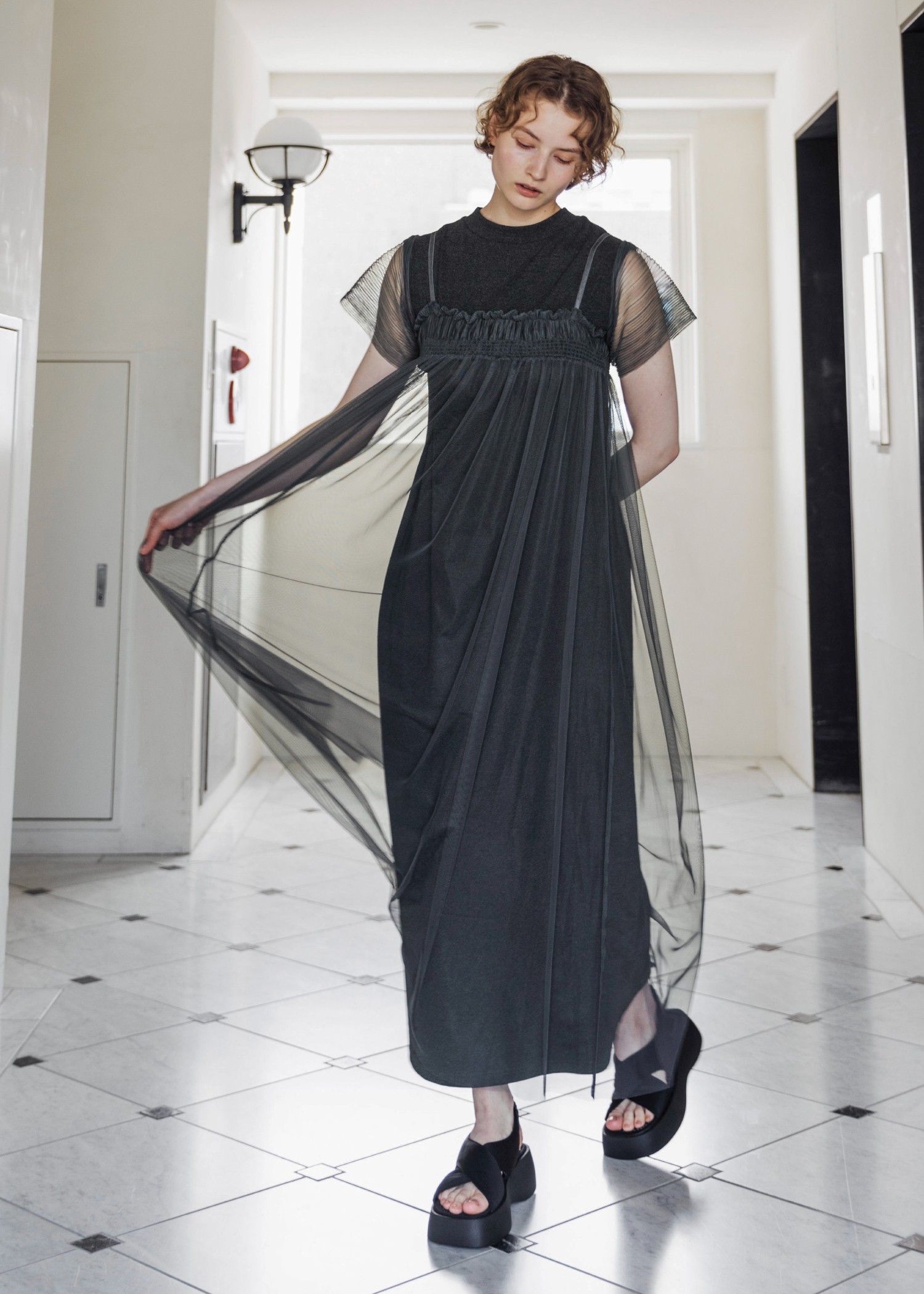 pleats shirring tulle camisole OP