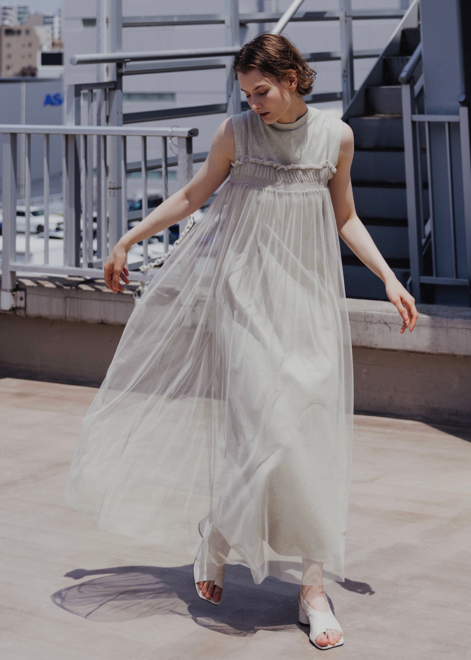 pleats shirring tulle camisole OP